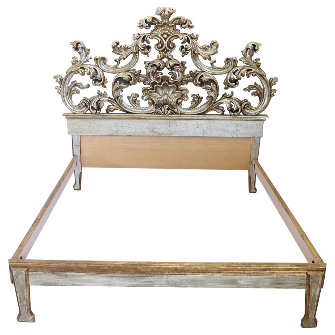 20th Century Italian Baroque Style Carved Gilded and Silvered Wood Double Bed