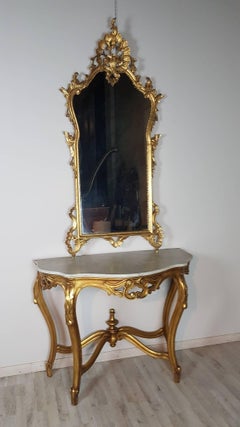 20th Century Italian Baroque Style Carved Gilded Wood Console Table with Mirror