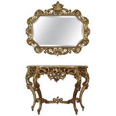 20th Century Italian Baroque Style Carved Gilded Wood Console Table with Mirror