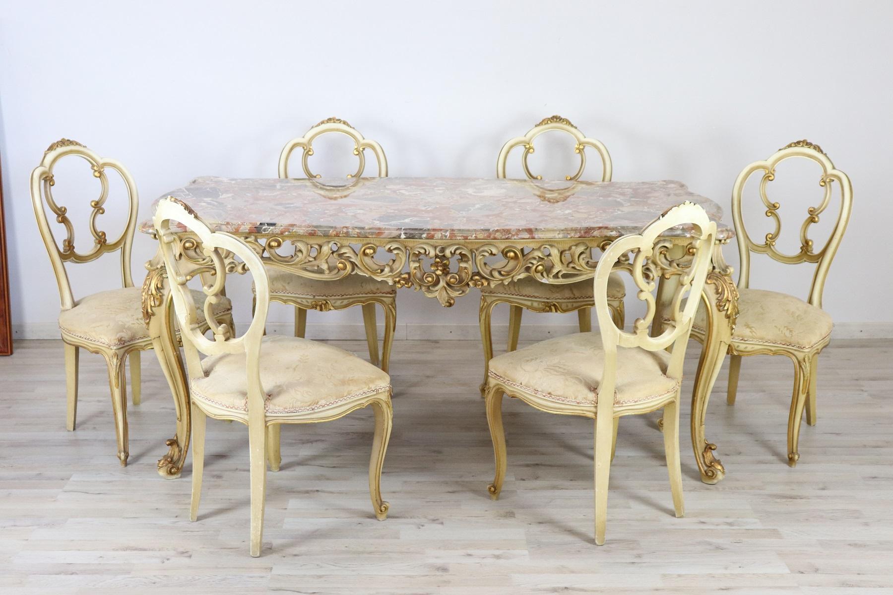 20th Century Italian Baroque Style Carved Lacquered Gilded Wood Six Chairs 10