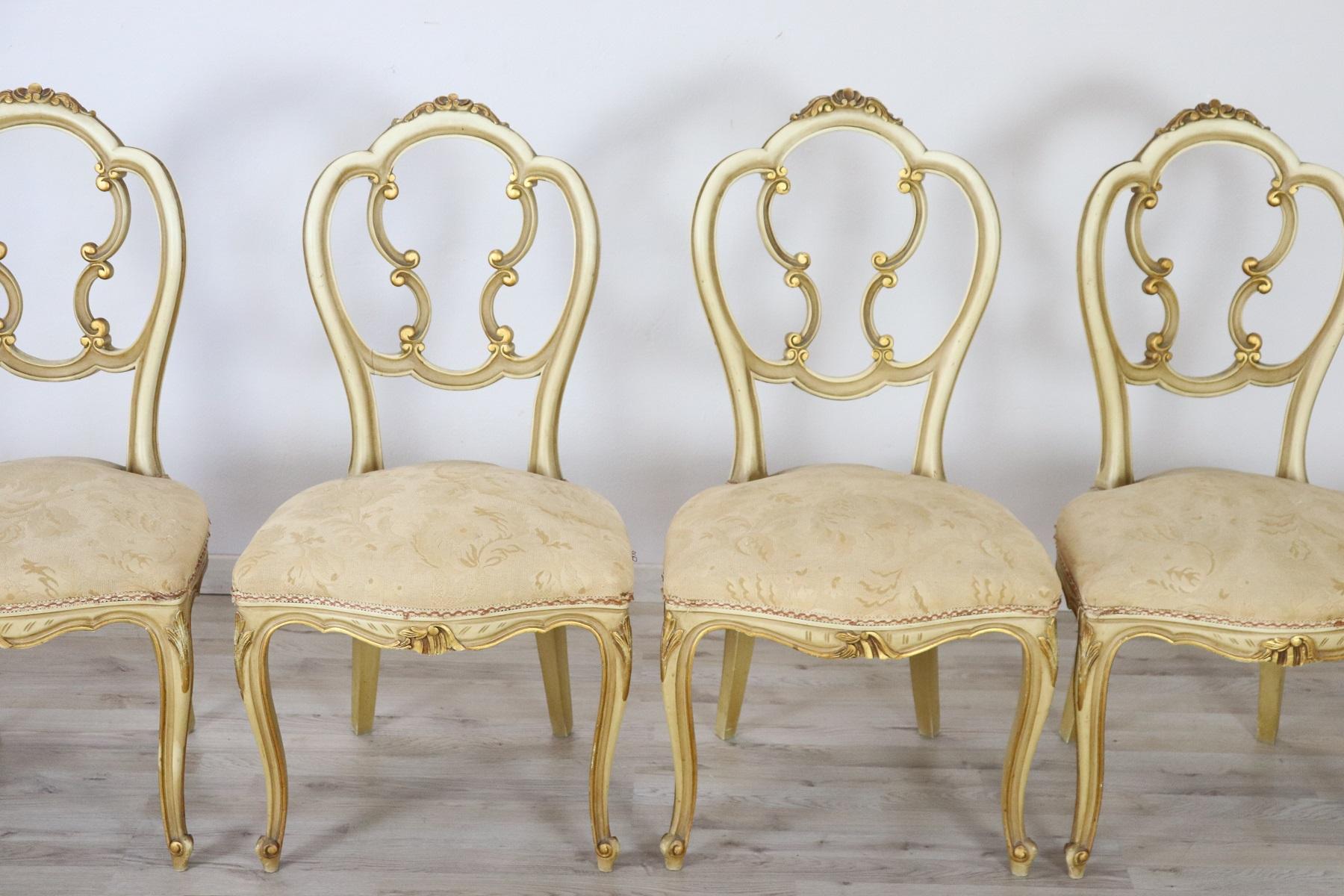 Italian Baroque style set of six chairs. Rich chairs in carved and gilded wood. Great woodwork with lots of curls and swirls of typical Italian Baroque taste. on request we have dining room table available on sale. Chairs ideal into a living room.