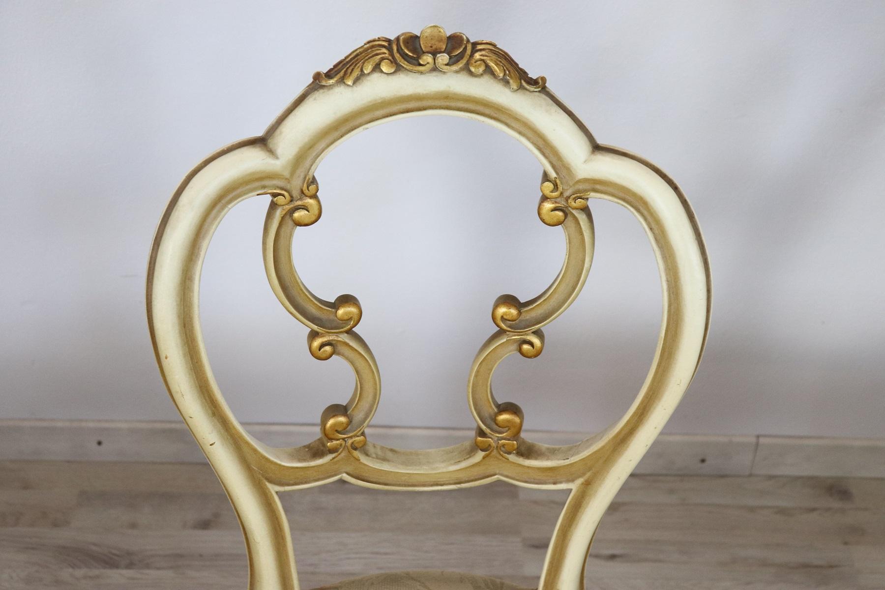 Louis XIV 20th Century Italian Baroque Style Carved Lacquered Gilded Wood Six Chairs