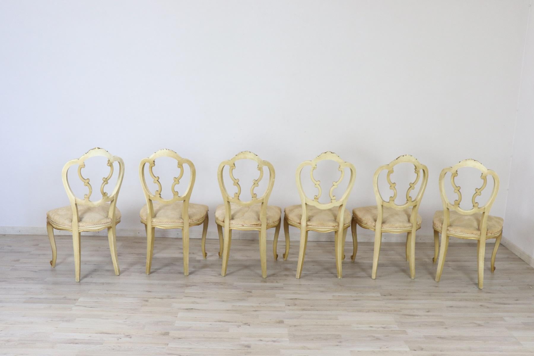 Mid-20th Century 20th Century Italian Baroque Style Carved Lacquered Gilded Wood Six Chairs