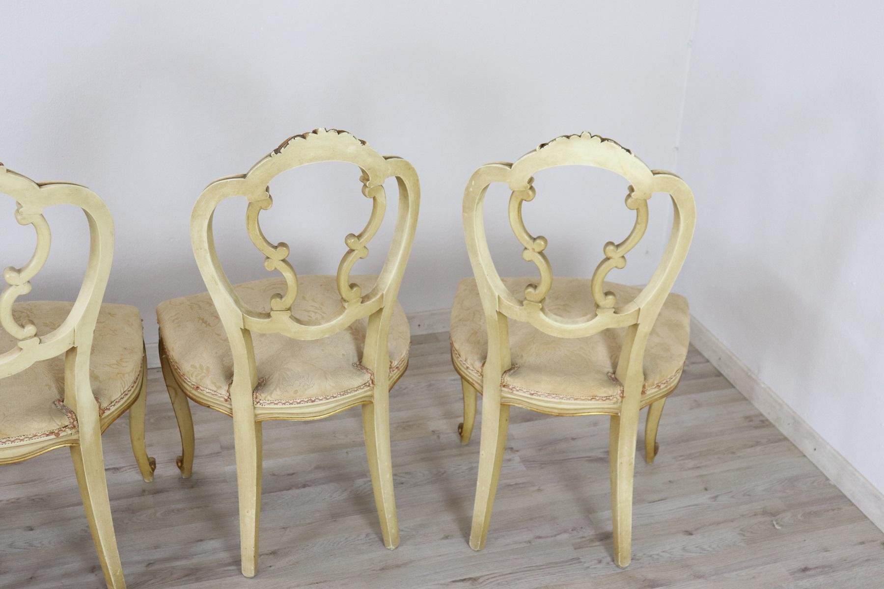 Fabric 20th Century Italian Baroque Style Carved Lacquered Gilded Wood Six Chairs