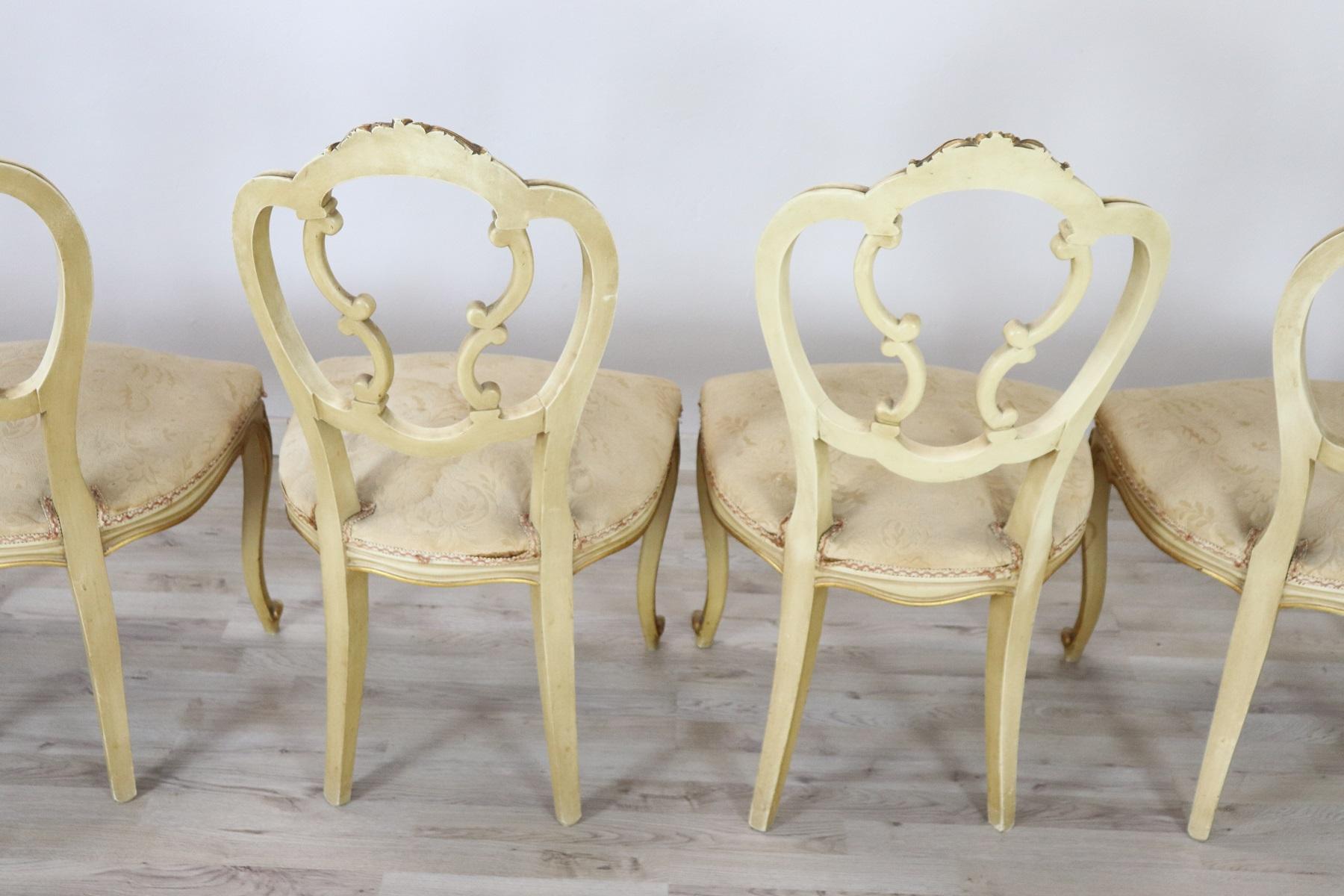 20th Century Italian Baroque Style Carved Lacquered Gilded Wood Six Chairs 1