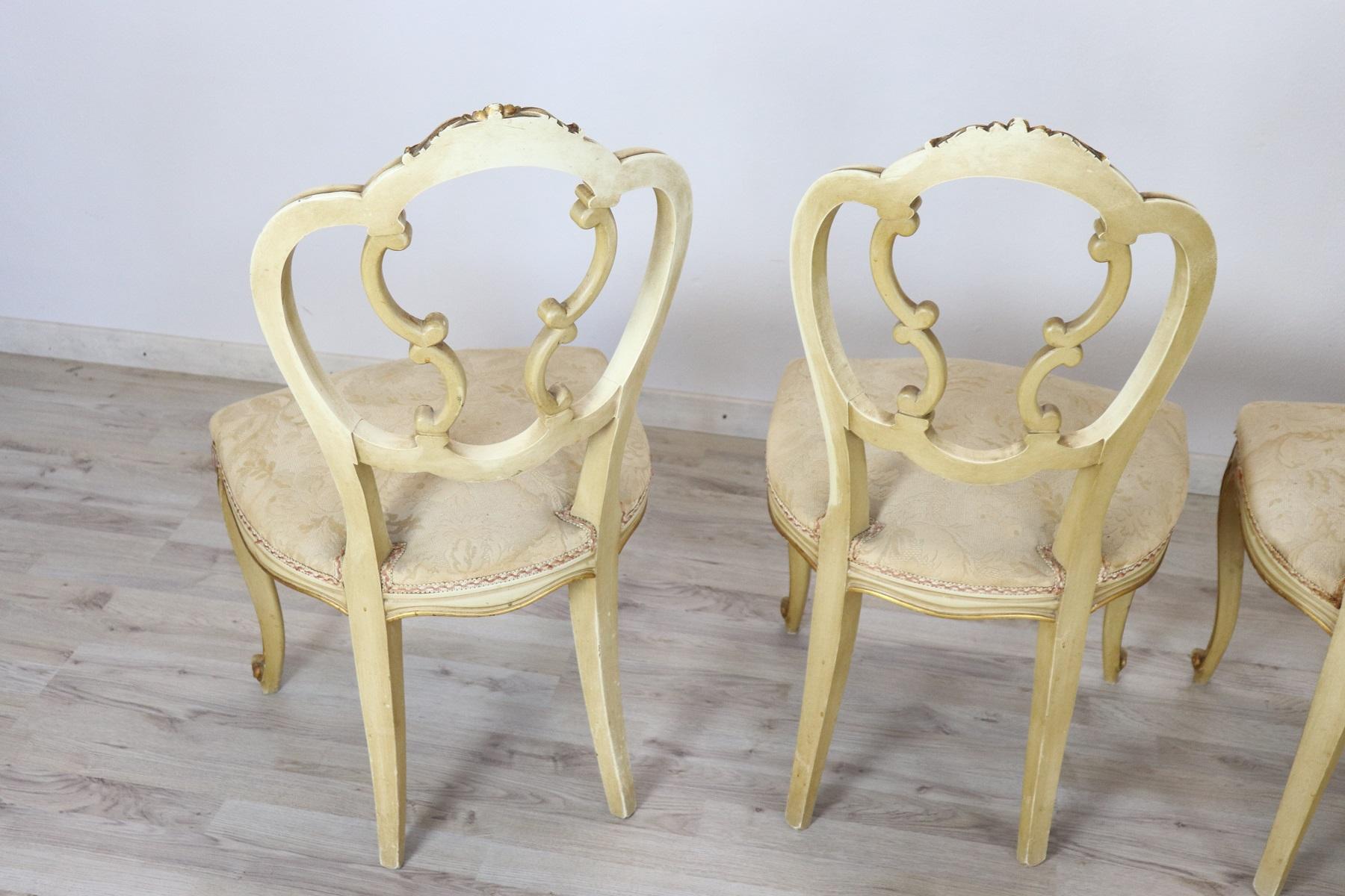 20th Century Italian Baroque Style Carved Lacquered Gilded Wood Six Chairs 2
