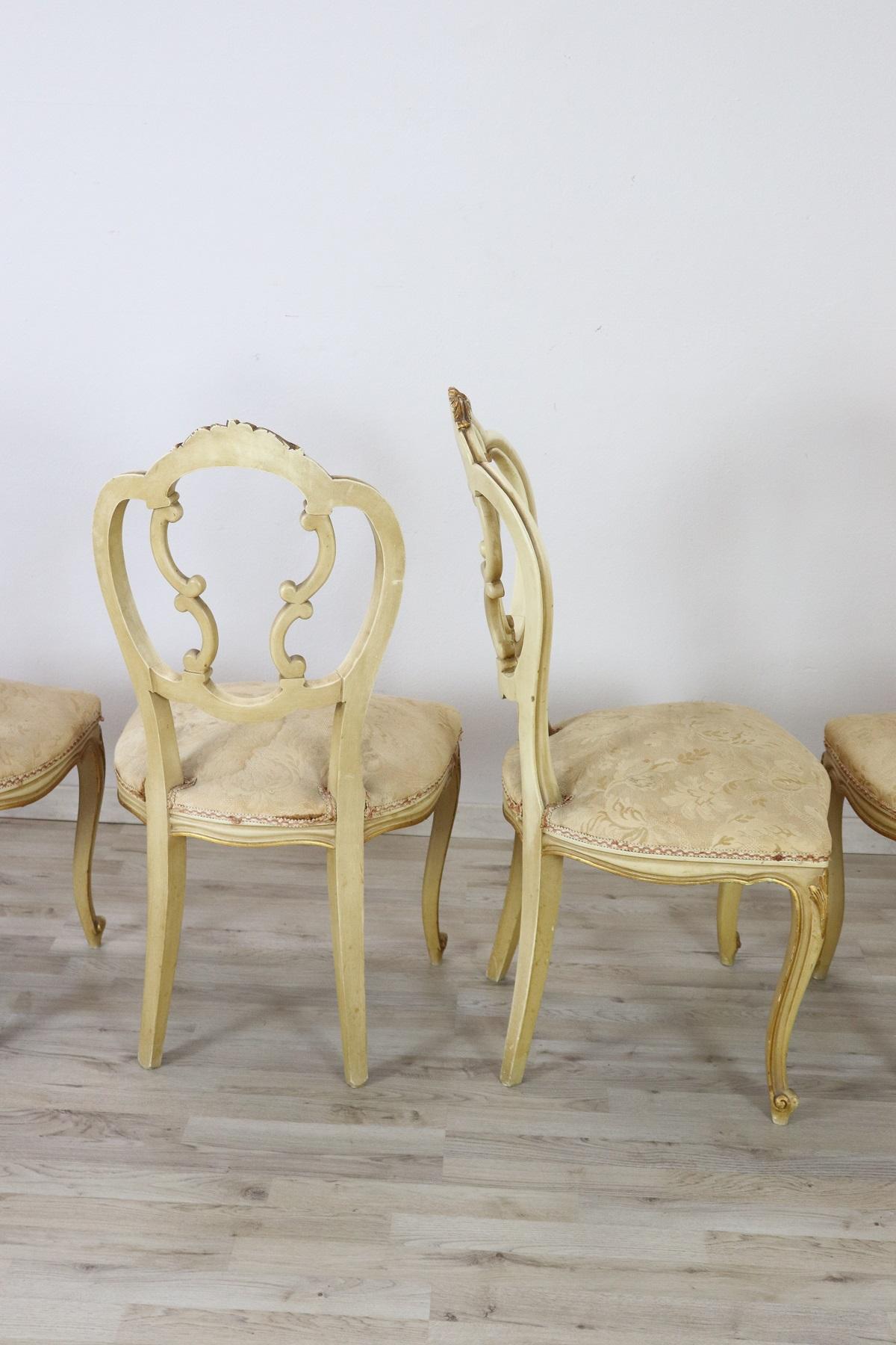 20th Century Italian Baroque Style Carved Lacquered Gilded Wood Six Chairs 3