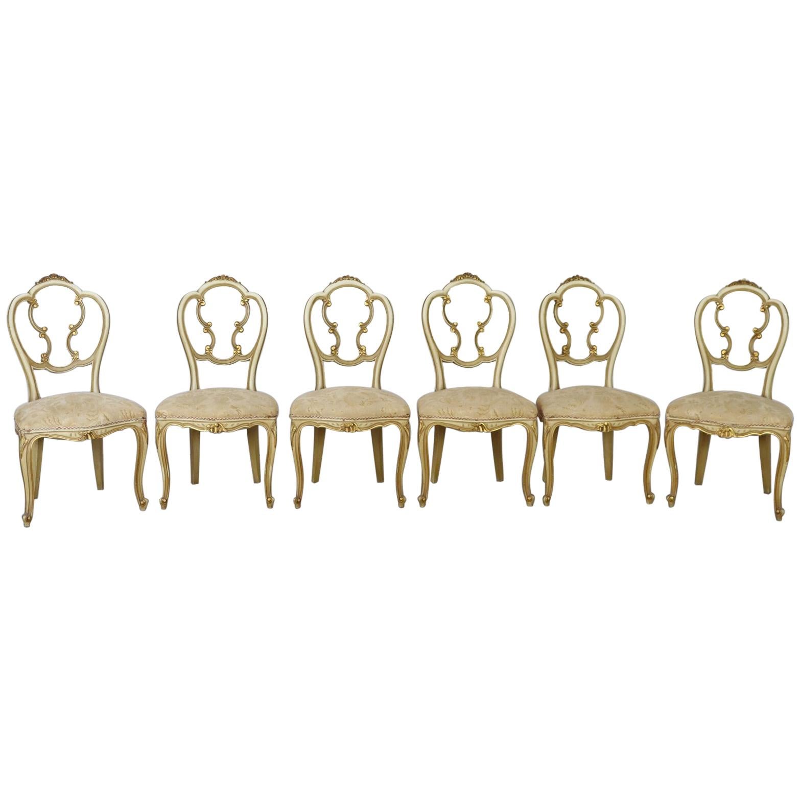 20th Century Italian Baroque Style Carved Lacquered Gilded Wood Six Chairs
