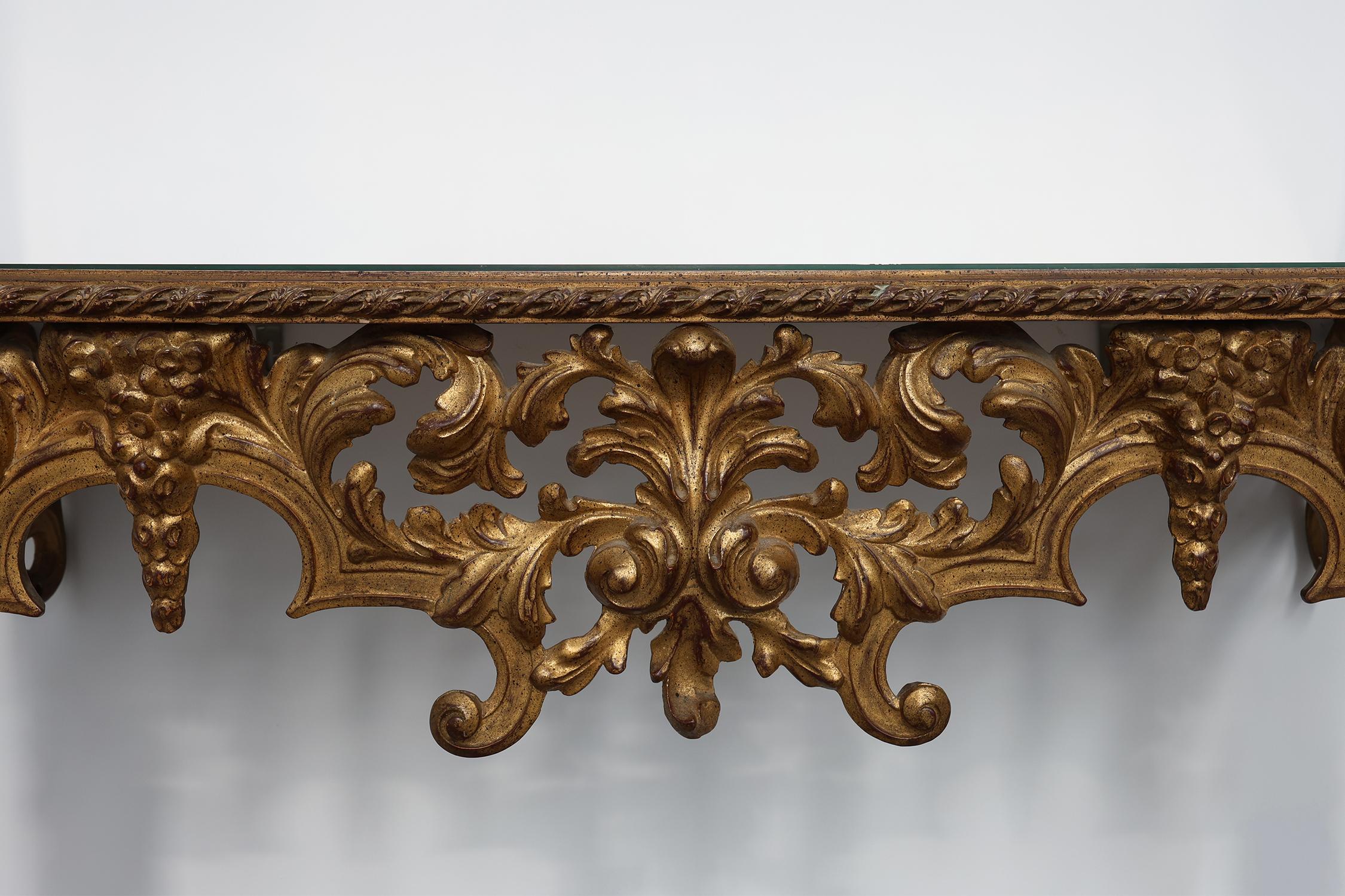 Belgian 20th Century Italian Baroque style gilded and carved wall console For Sale