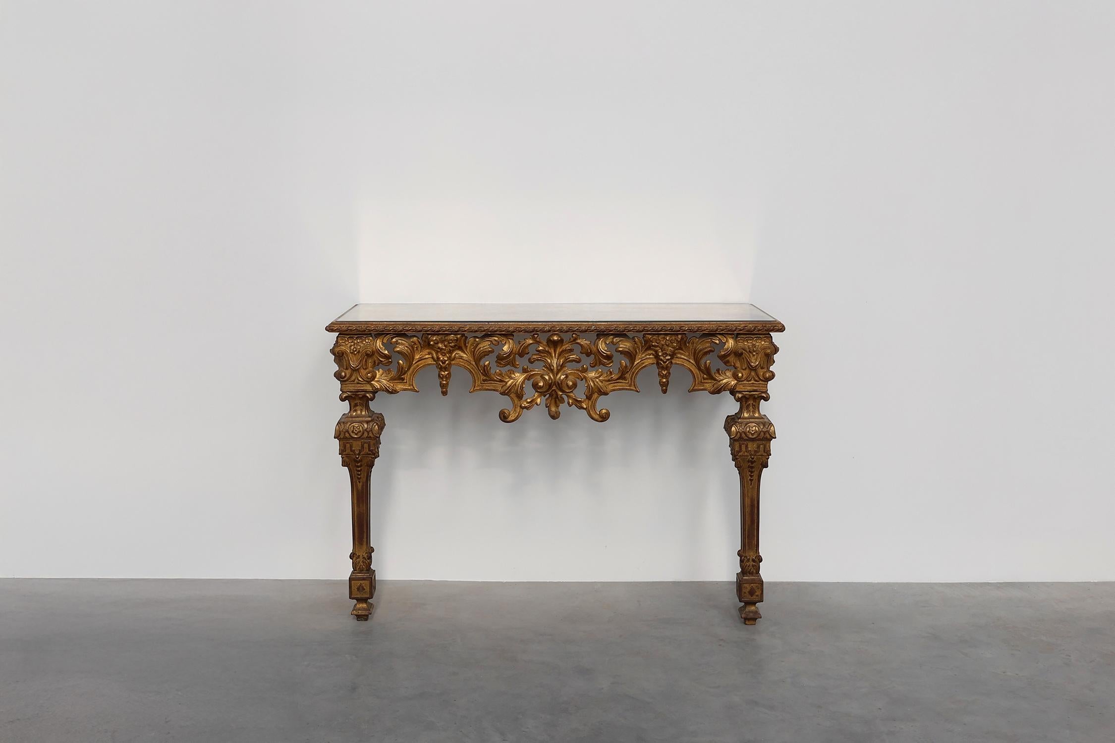 Mirror 20th Century Italian Baroque style gilded and carved wall console For Sale