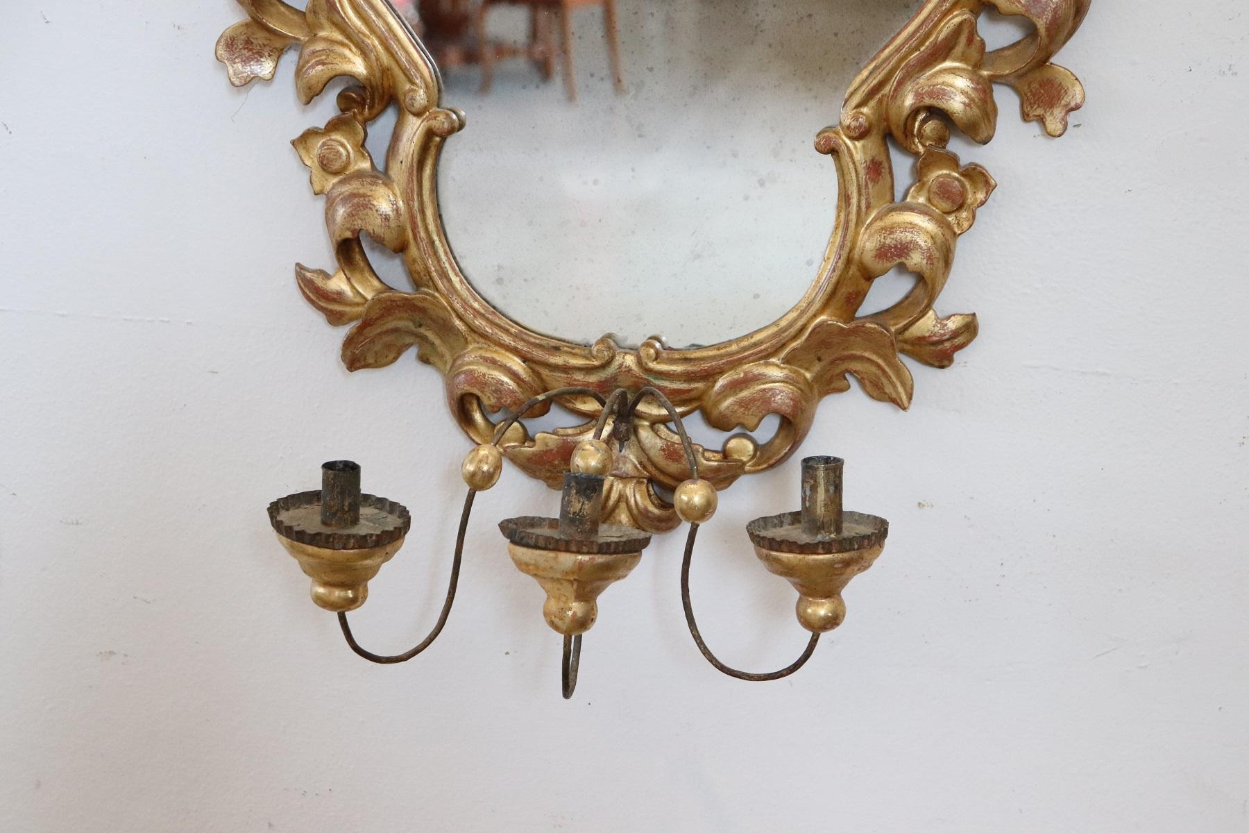 Gilt 20th Century Italian Baroque Style Gilded Carved Wood Wall Mirror with Candle