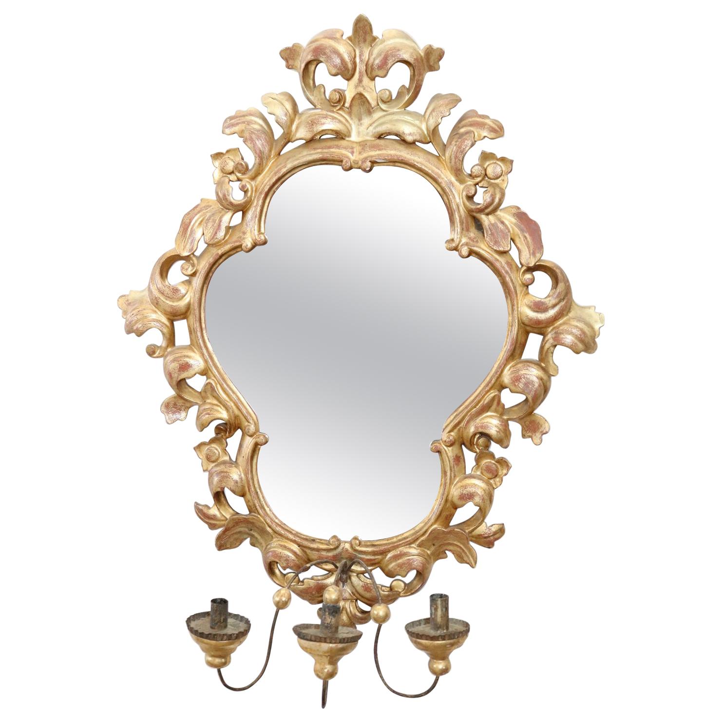 20th Century Italian Baroque Style Gilded Carved Wood Wall Mirror with Candle