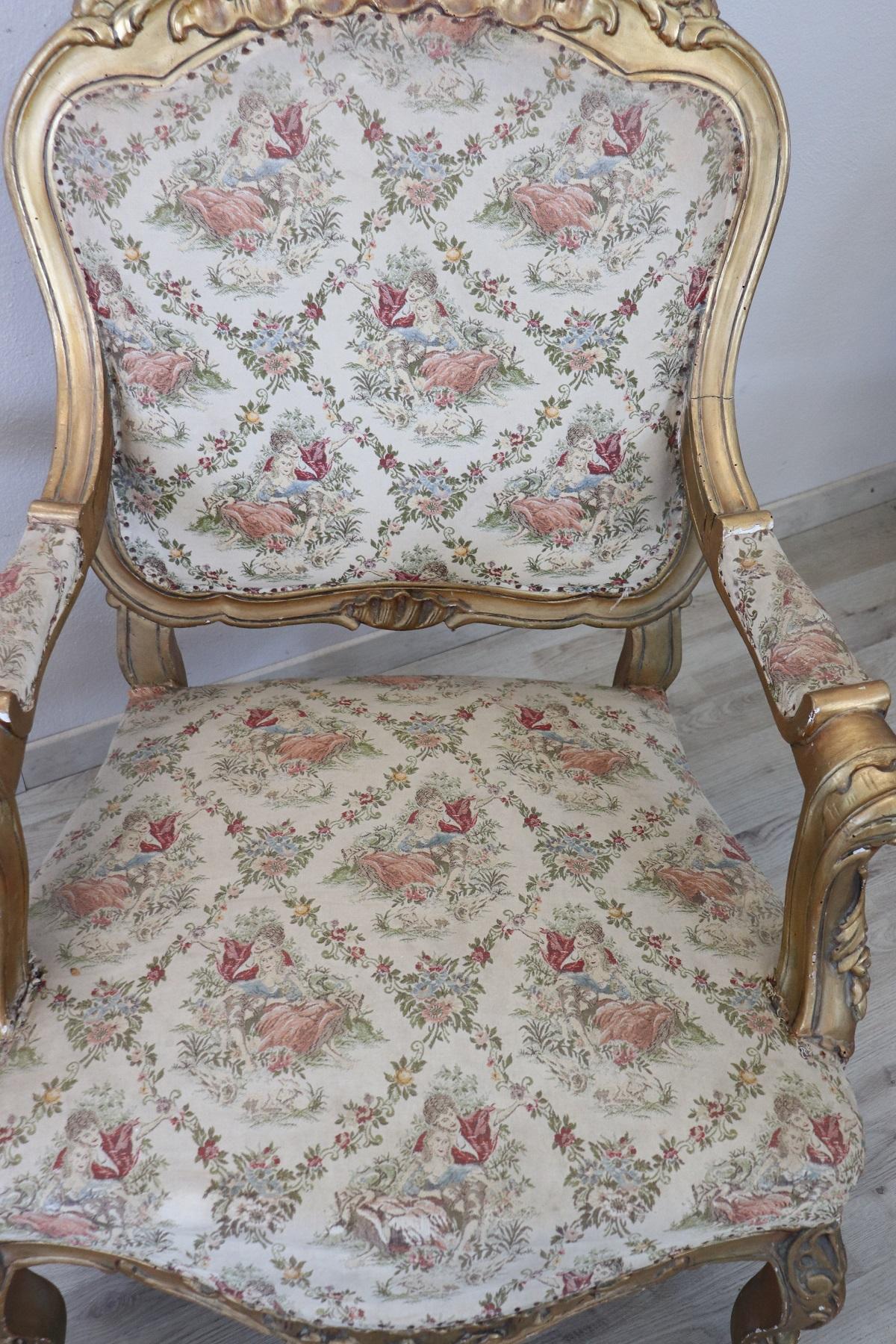 20th Century Italian Baroque Style Gilded Wood Pair of Armchairs 6