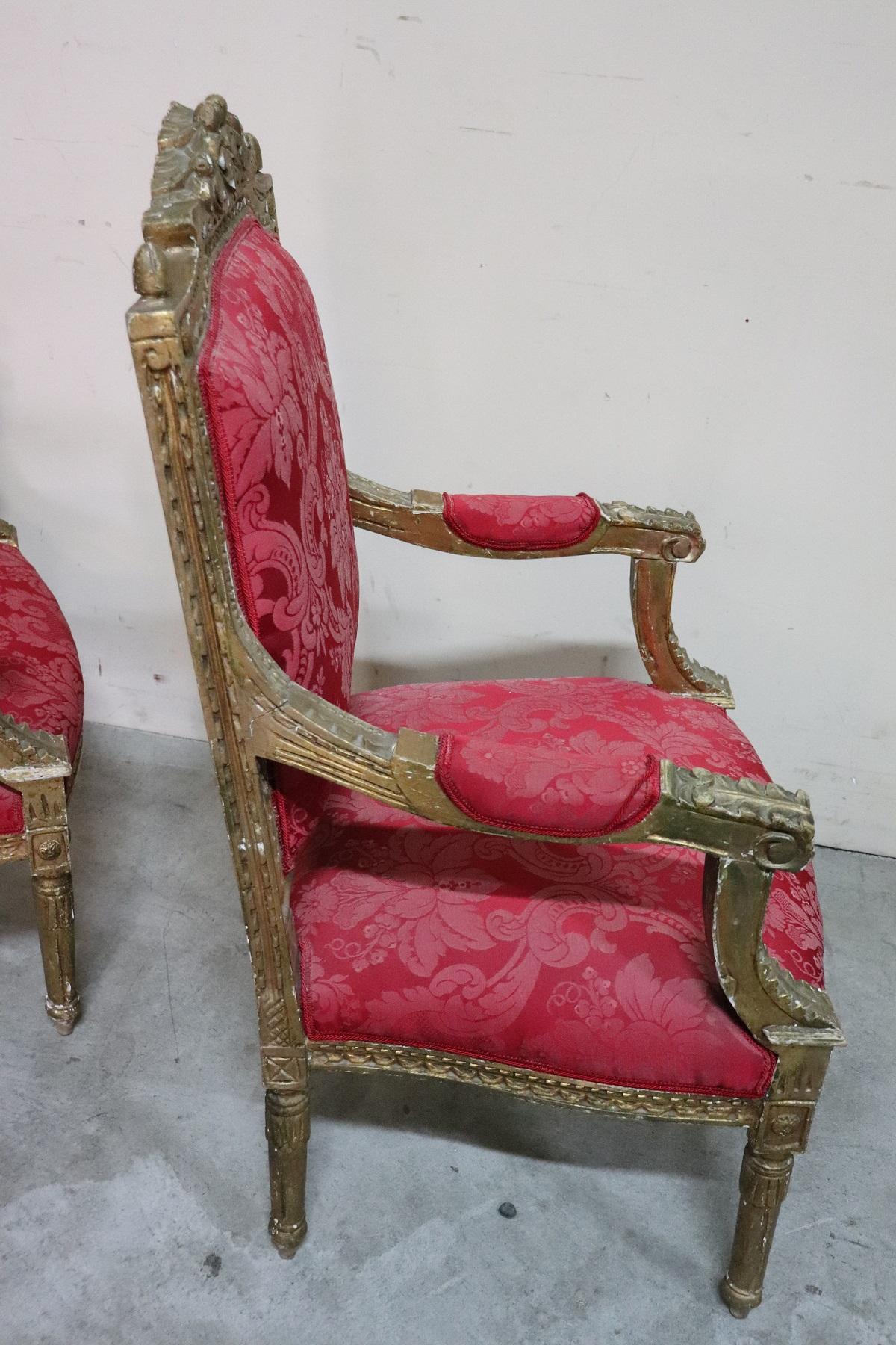 20th Century Italian Baroque Style Gilded Wood Pair of Armchairs 6