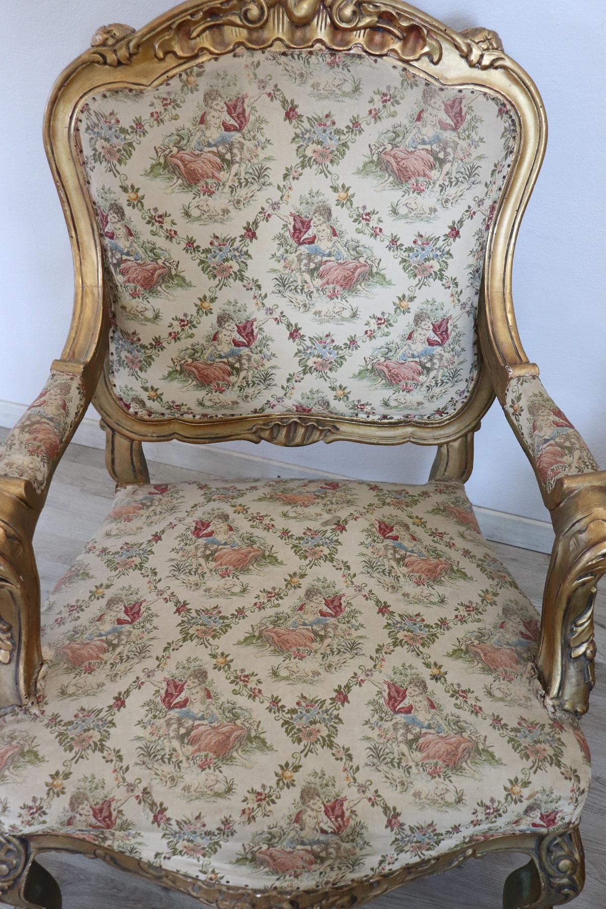 20th Century Italian Baroque Style Gilded Wood Pair of Armchairs 7