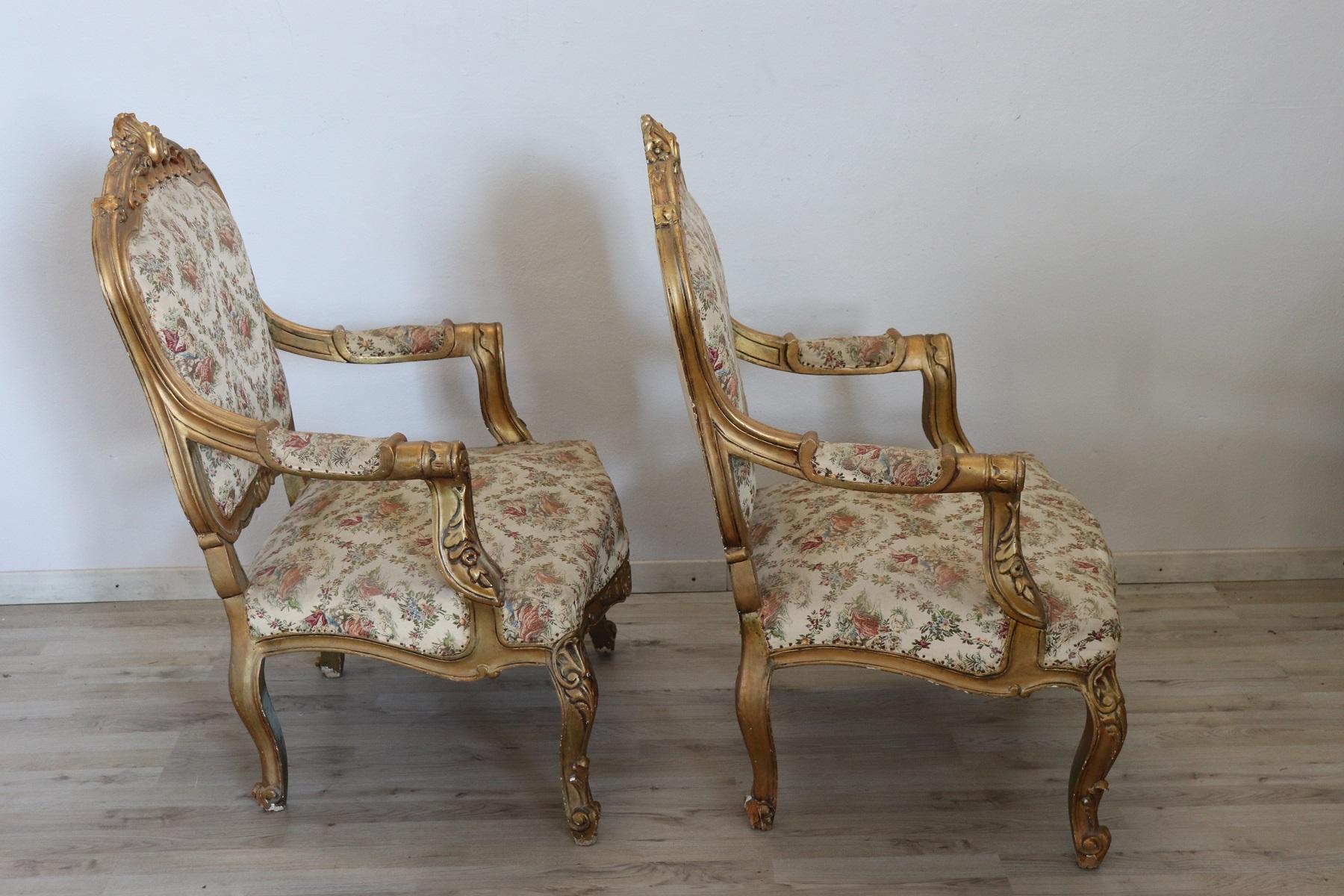 20th Century Italian Baroque Style Gilded Wood Pair of Armchairs 8