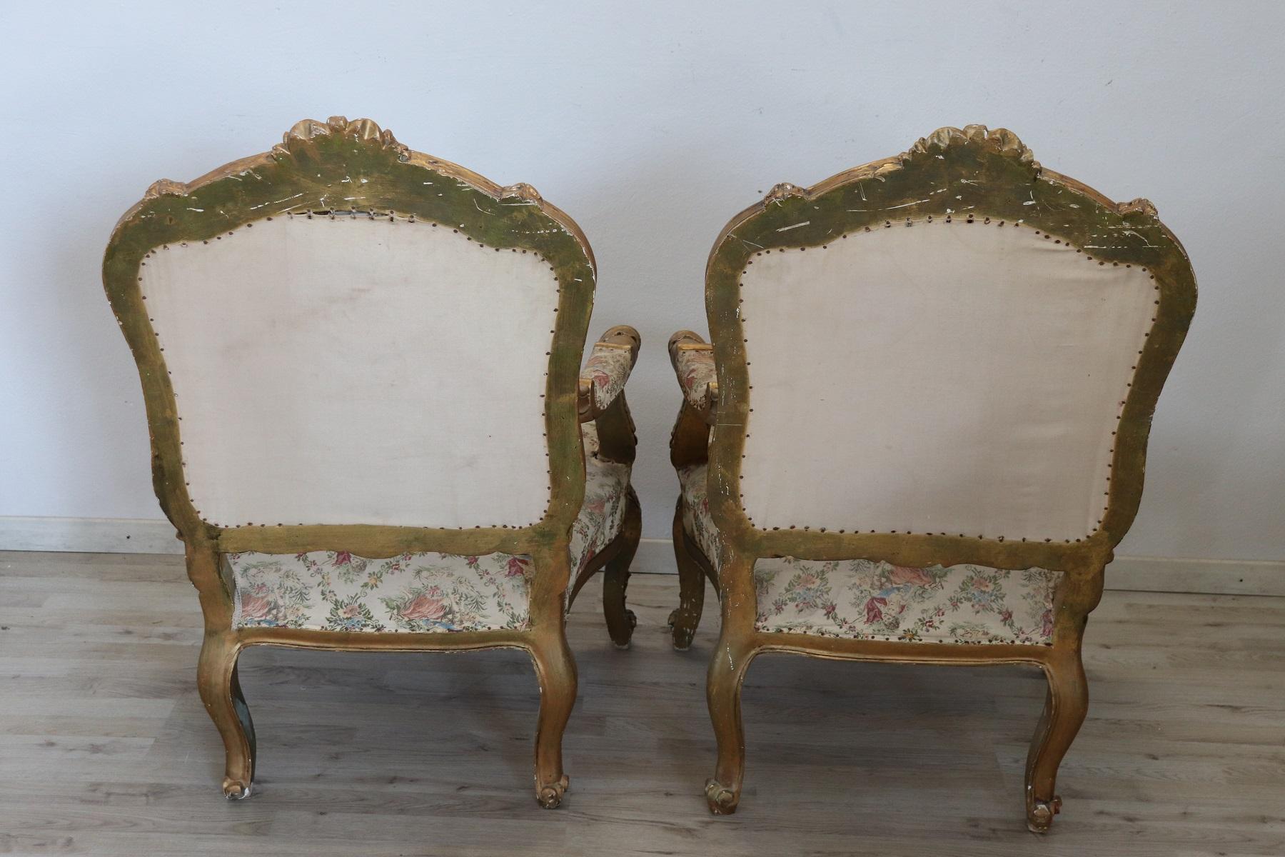 20th Century Italian Baroque Style Gilded Wood Pair of Armchairs 11