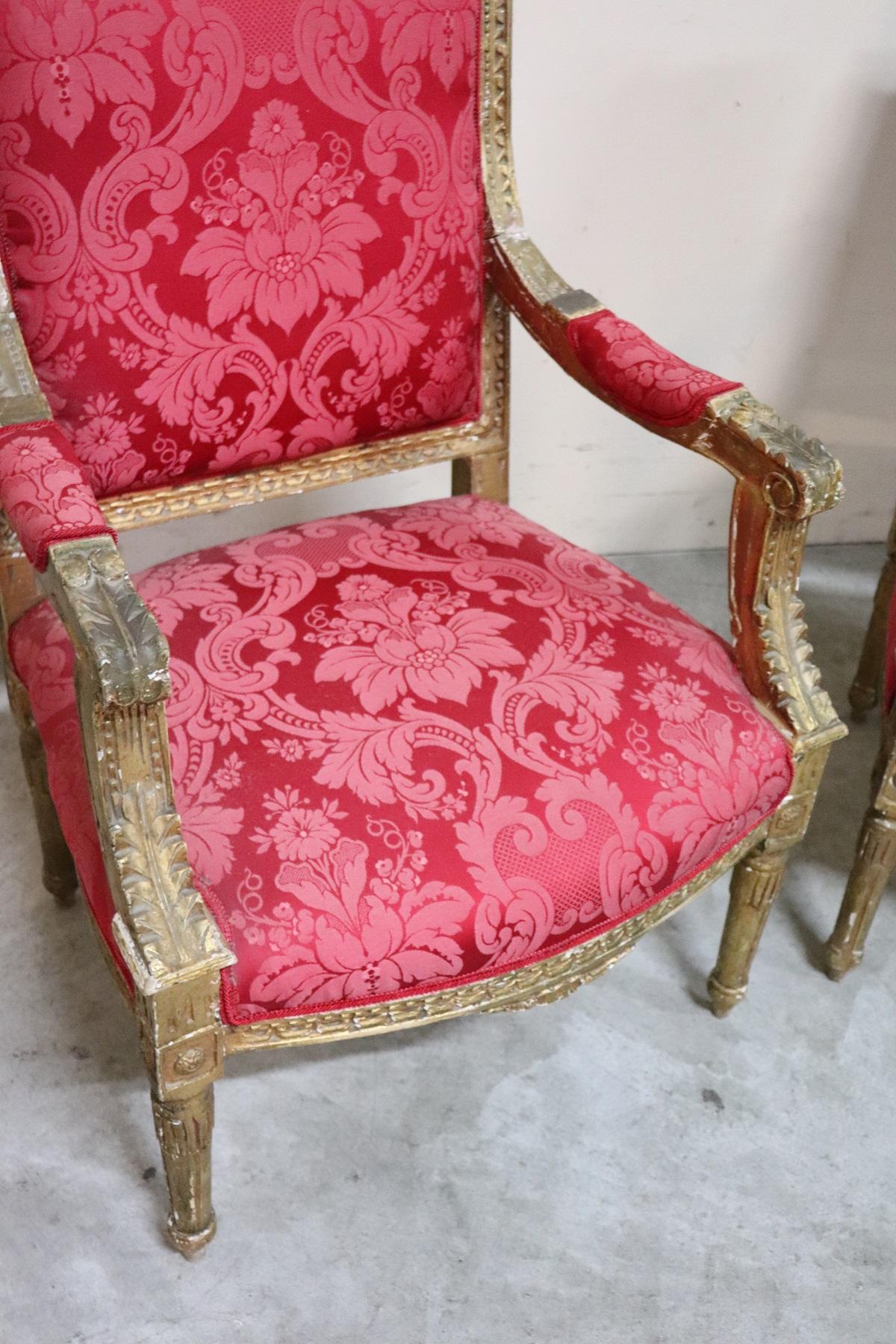 Gilt 20th Century Italian Baroque Style Gilded Wood Pair of Armchairs