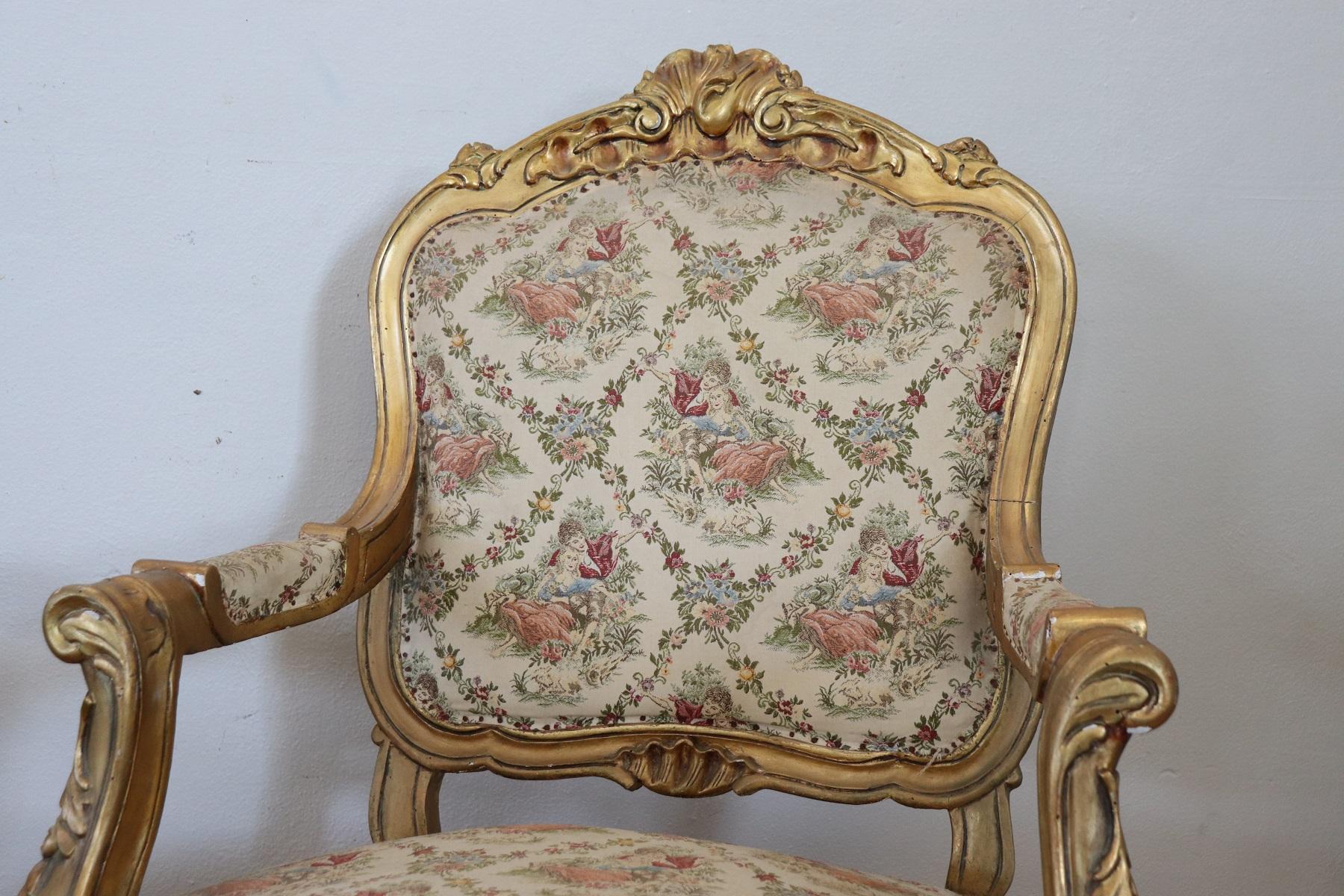 20th Century Italian Baroque Style Gilded Wood Pair of Armchairs 1