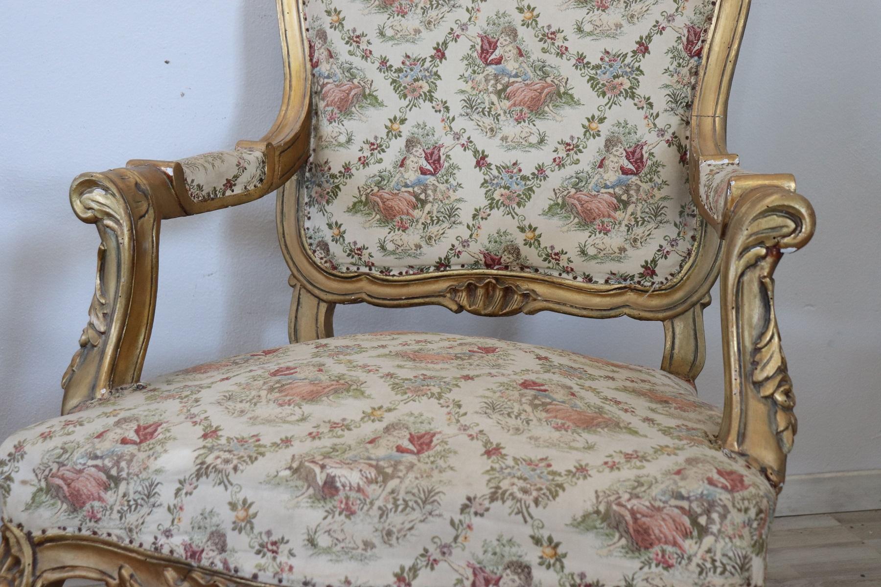 20th Century Italian Baroque Style Gilded Wood Pair of Armchairs 2