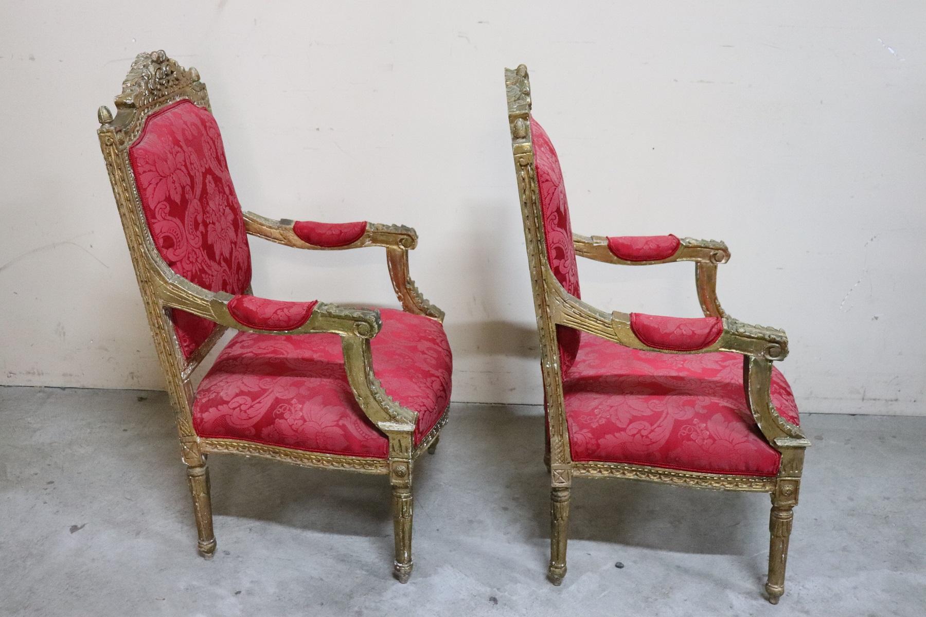 20th Century Italian Baroque Style Gilded Wood Pair of Armchairs 3