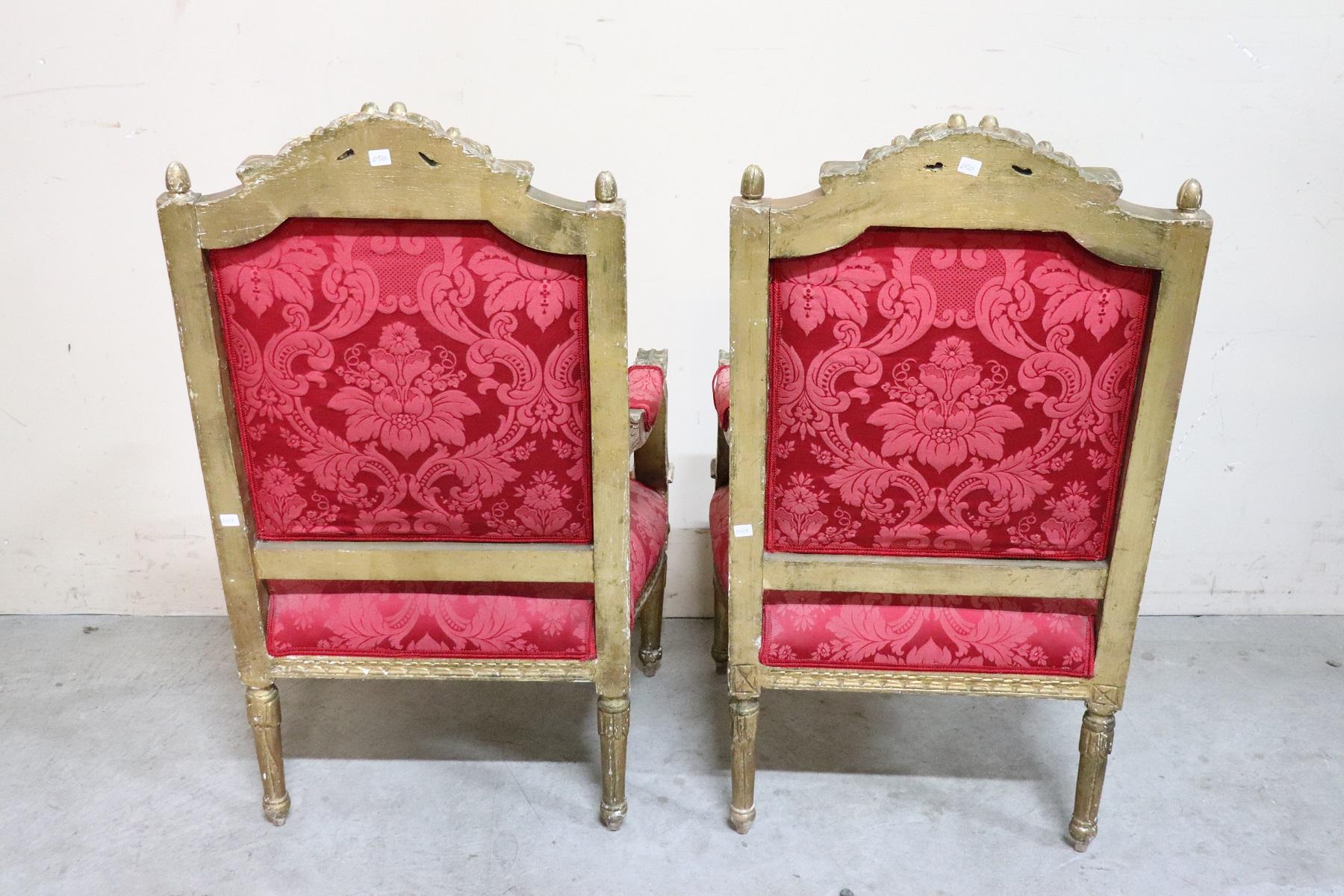 20th Century Italian Baroque Style Gilded Wood Pair of Armchairs 4