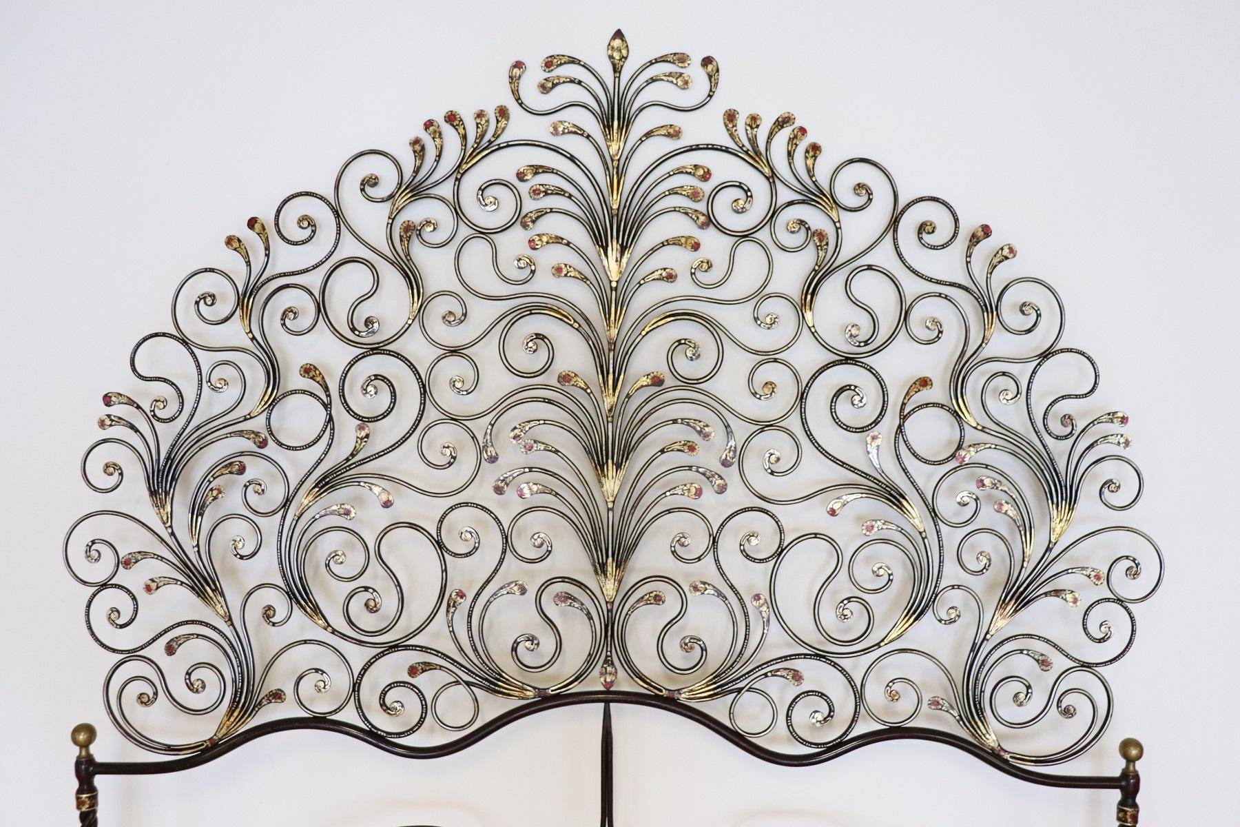 20th Century Italian Baroque Style Gilded Wrought Iron Headboard with Sconces 7