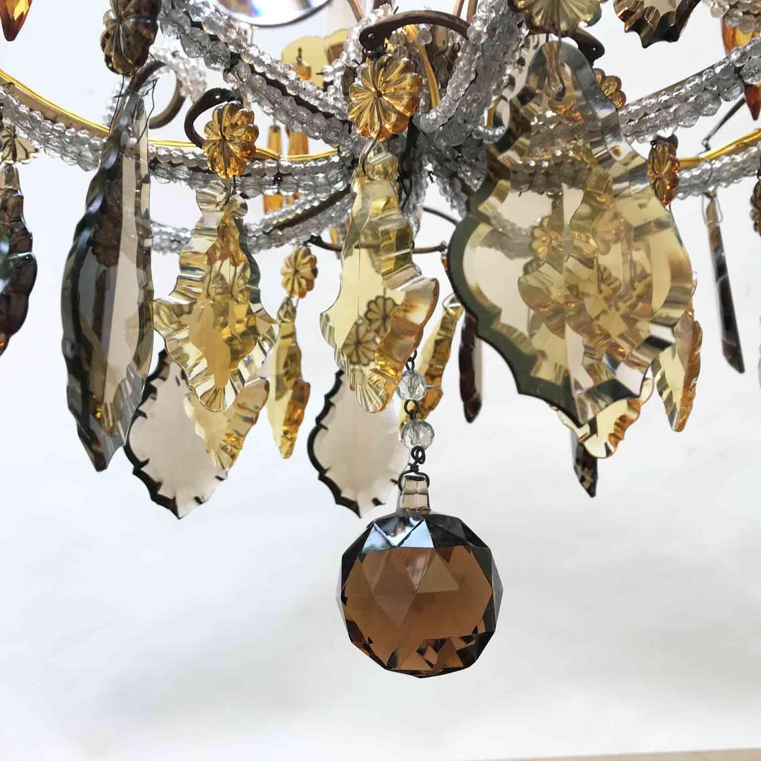 20th Century Italian Beaded Crystal Chandelier with Amber and Grey Colored Drops 6