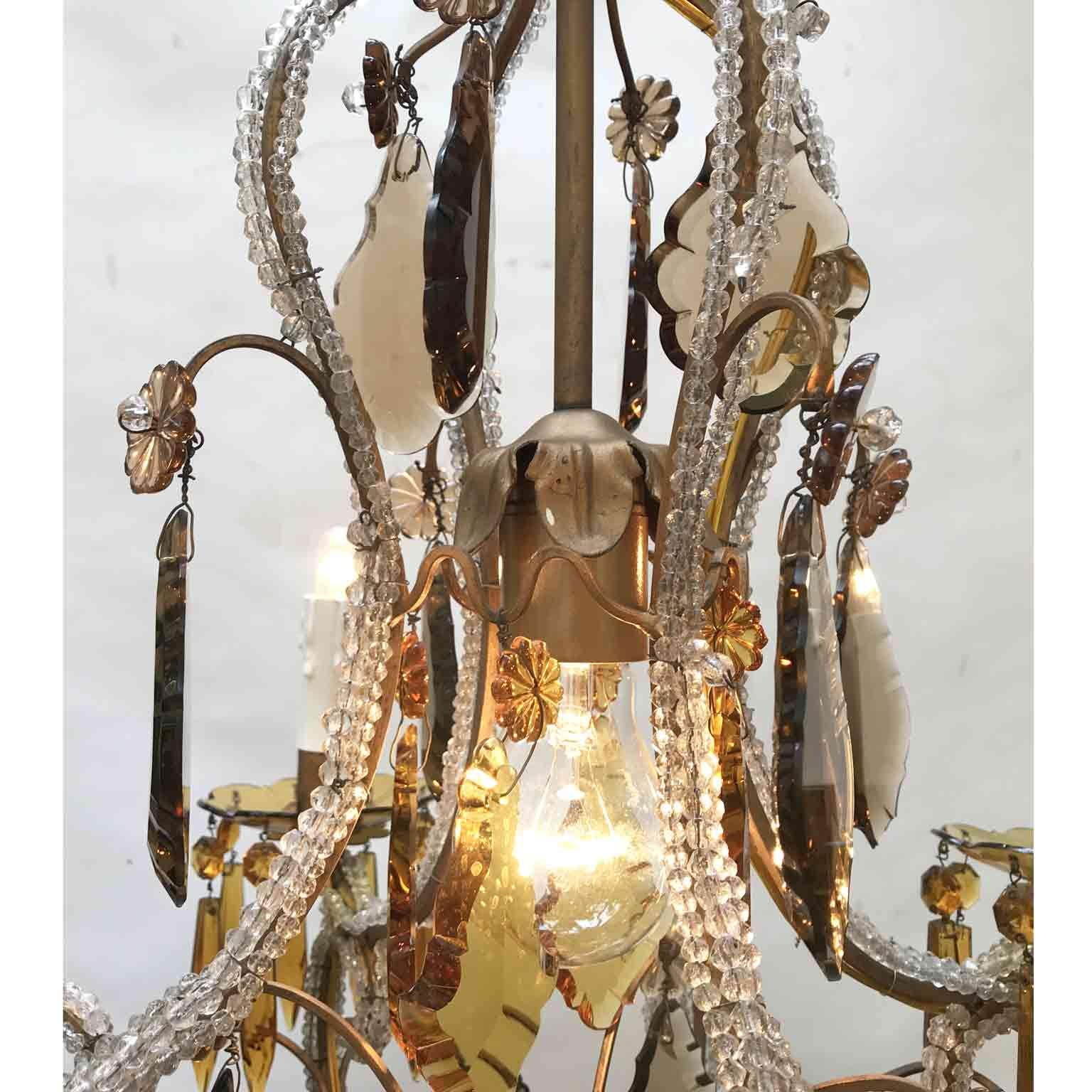 20th Century Italian Beaded Crystal Chandelier with Amber and Grey Colored Drops For Sale 7