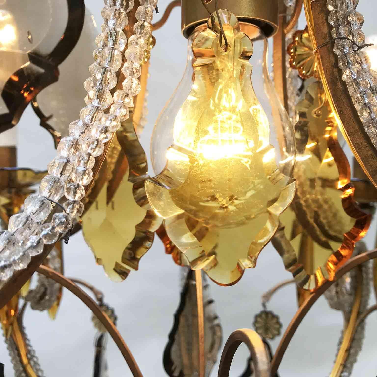 20th Century Italian Beaded Crystal Chandelier with Amber and Grey Colored Drops For Sale 8