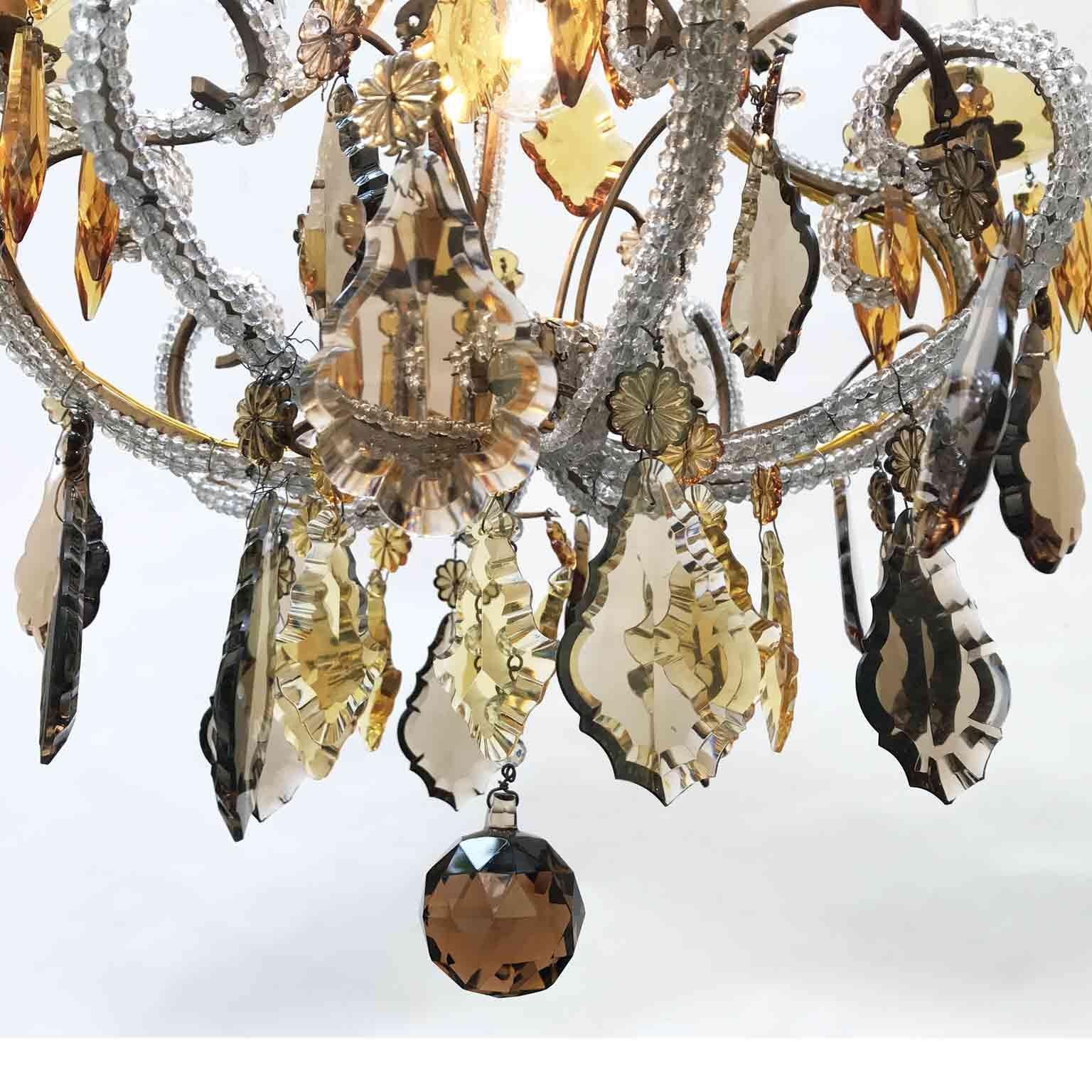 20th Century Italian Beaded Crystal Chandelier with Amber and Grey Colored Drops For Sale 10