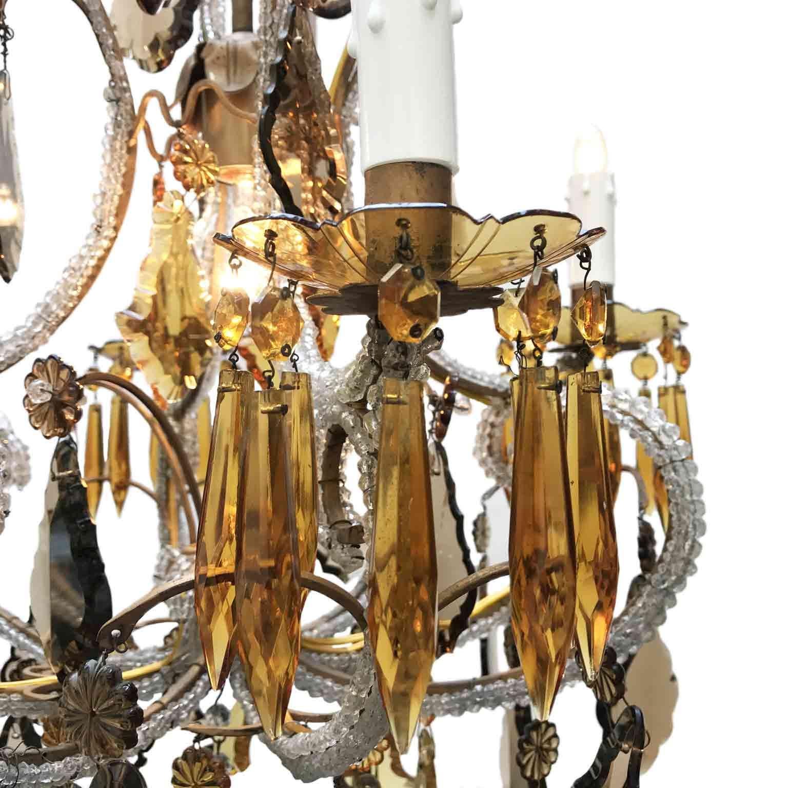 20th Century Italian Beaded Crystal Chandelier with Amber and Grey Colored Drops For Sale 13