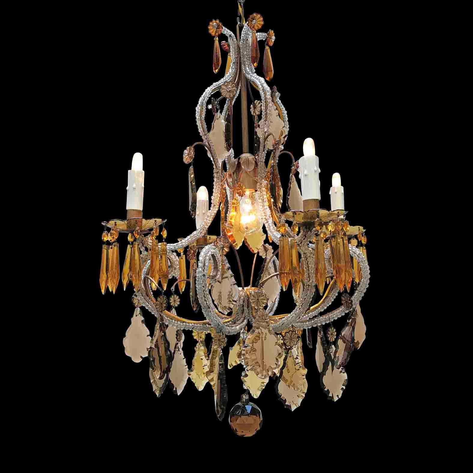 20th Century Italian Beaded Crystal Chandelier with Amber and Grey Colored Drops For Sale 14