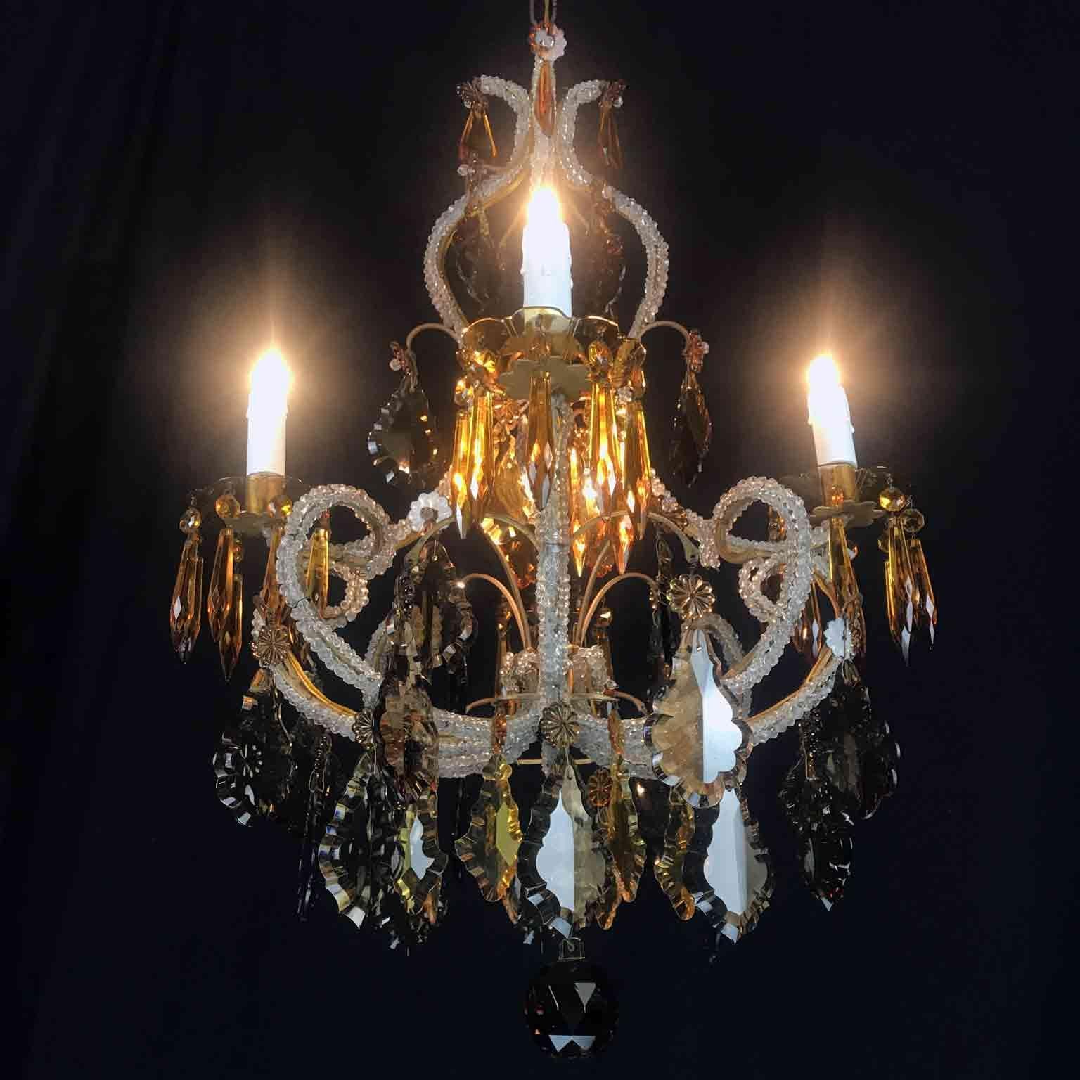 Faceted 20th Century Italian Beaded Crystal Chandelier with Amber and Grey Colored Drops For Sale