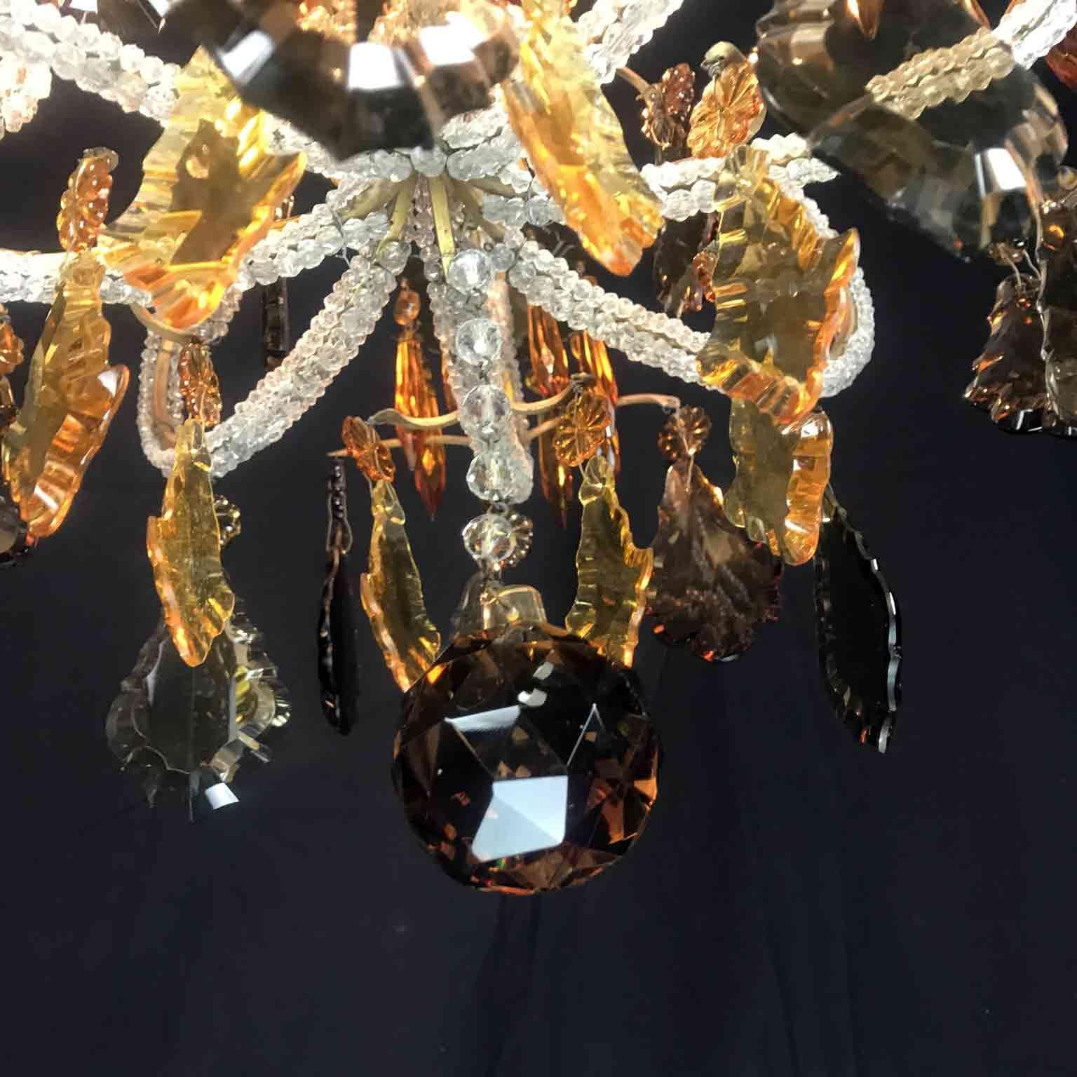 20th Century Italian Beaded Crystal Chandelier with Amber and Grey Colored Drops For Sale 1