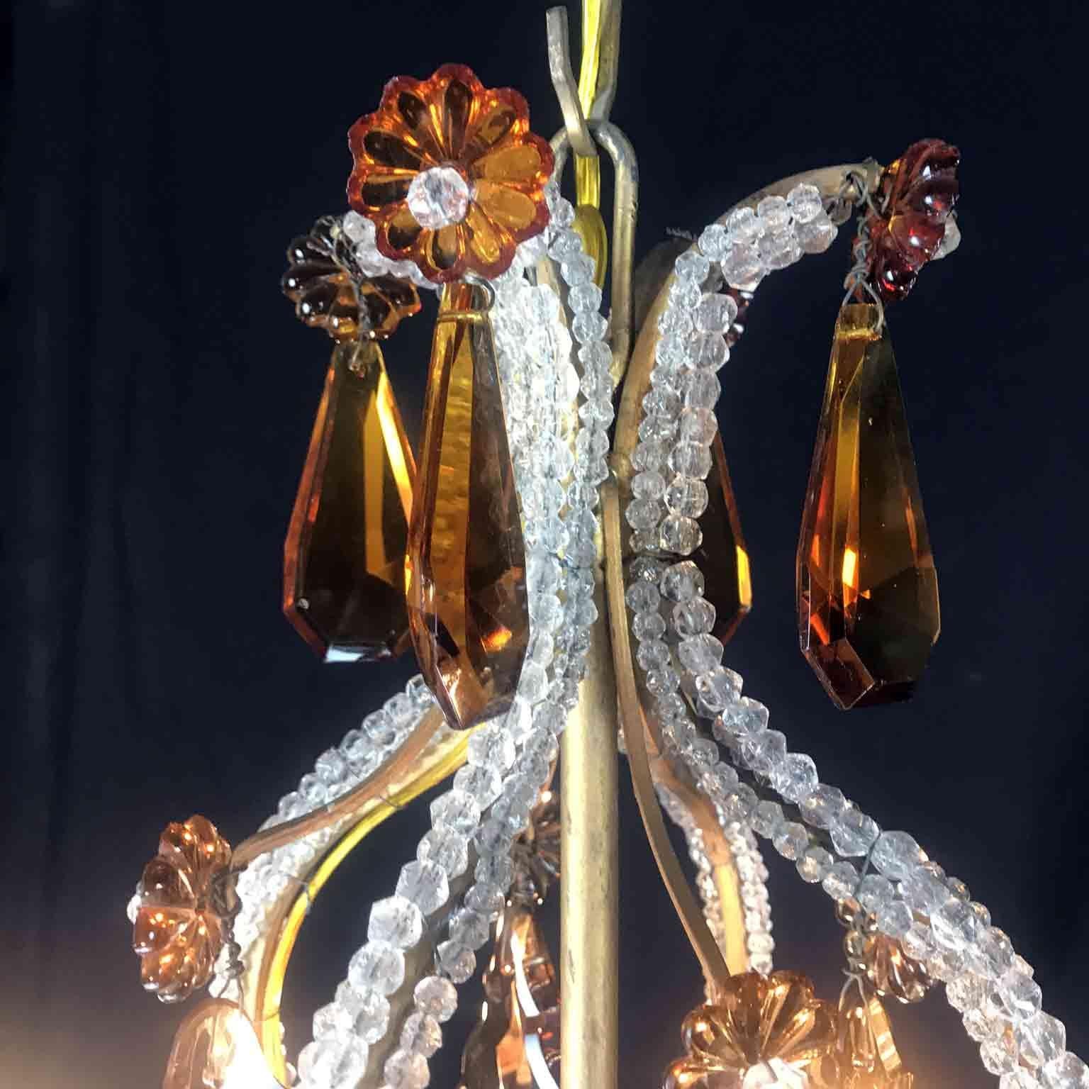 20th Century Italian Beaded Crystal Chandelier with Amber and Grey Colored Drops For Sale 2