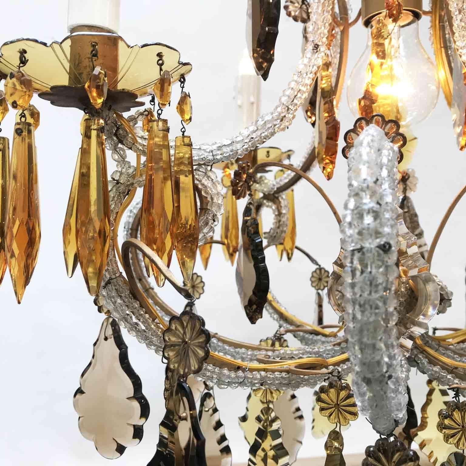 20th Century Italian Beaded Crystal Chandelier with Amber and Grey Colored Drops For Sale 3