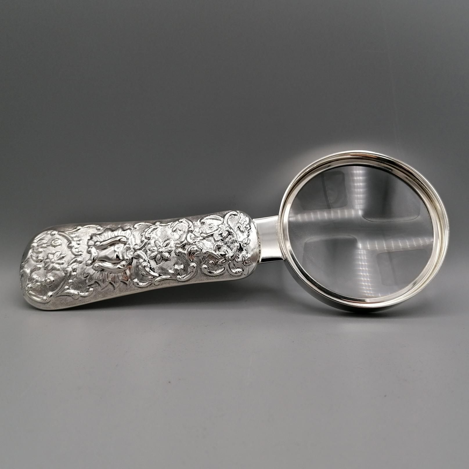 Embossed 20th Century Italian Big Sterling Silver Magnifying Lens For Sale