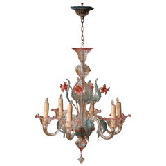 20th Century Italian Blown Glass Murano Six-Light Chandelier with Floral Motifs