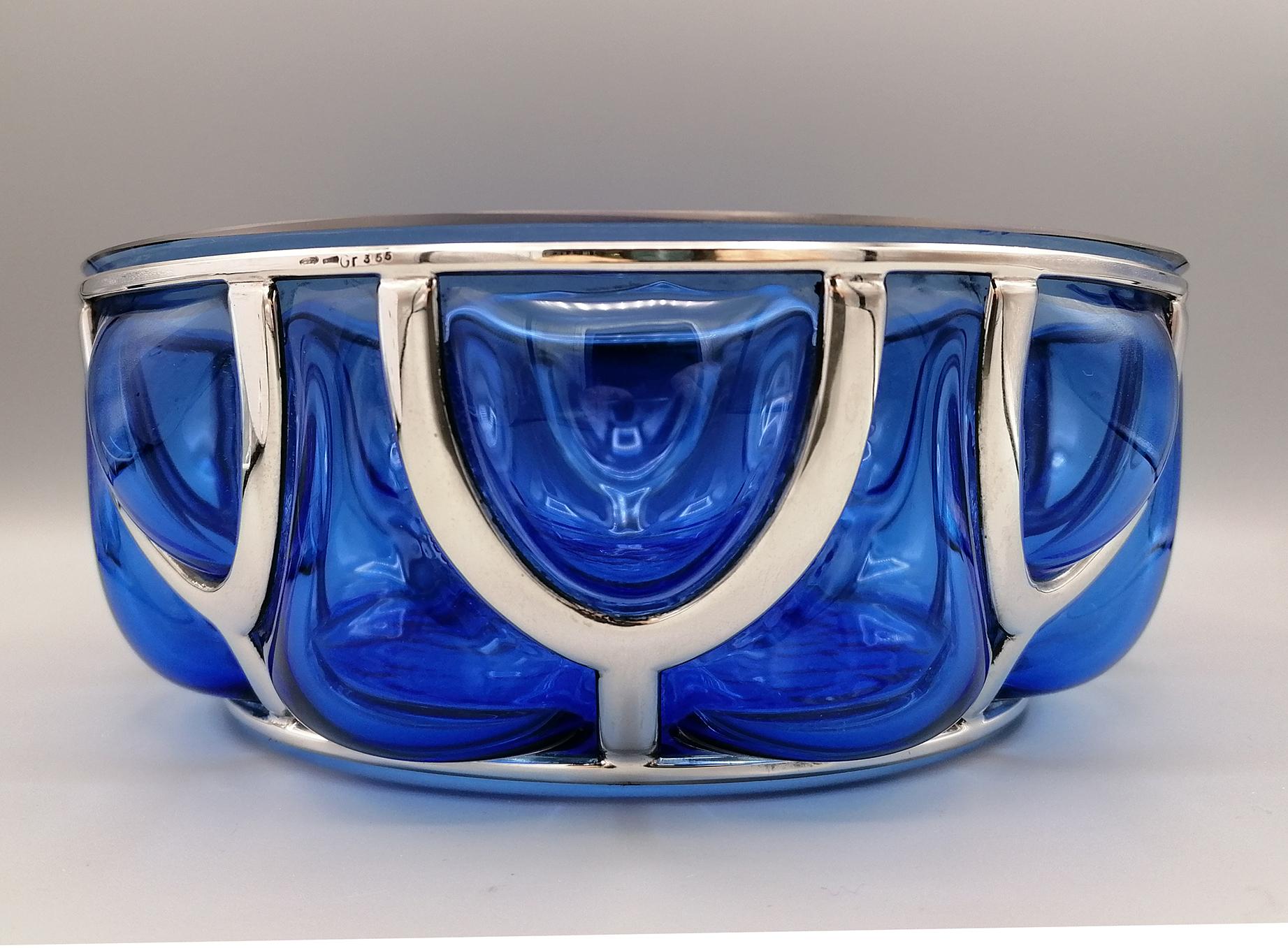 Other 20th Century Italian Blu Murano Glass Bowl with Silver Cage