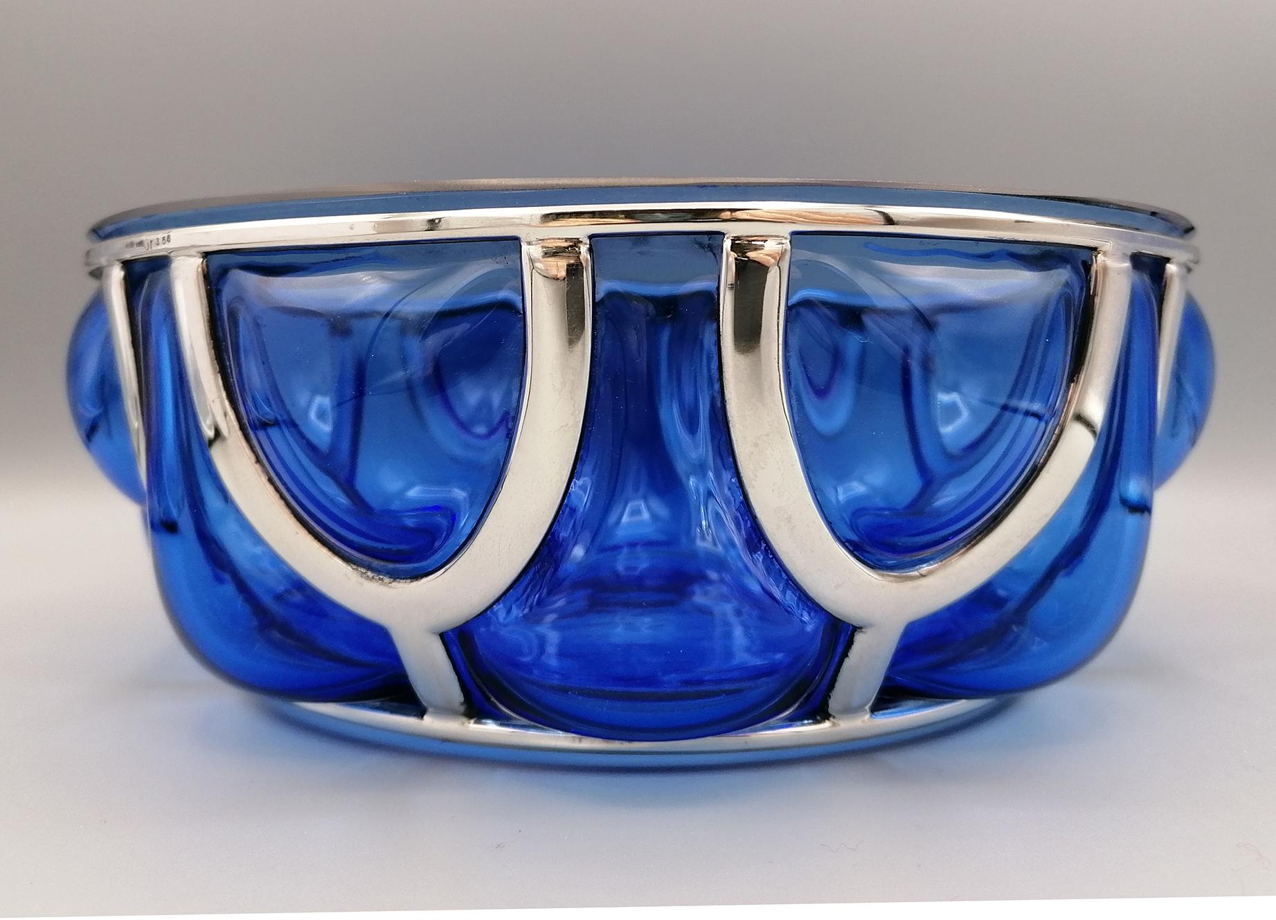 Hand-Crafted 20th Century Italian Blu Murano Glass Bowl with Silver Cage