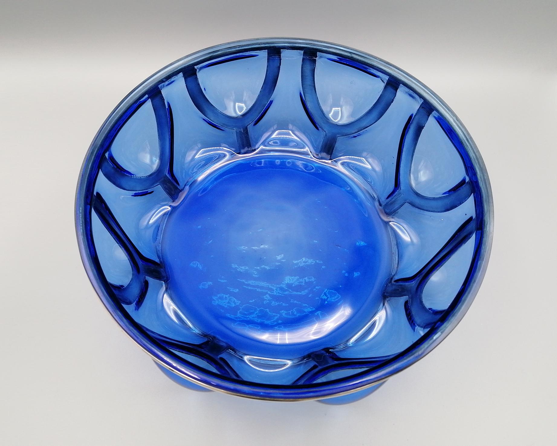 20th Century Italian Blu Murano Glass Bowl with Silver Cage In Excellent Condition In VALENZA, IT