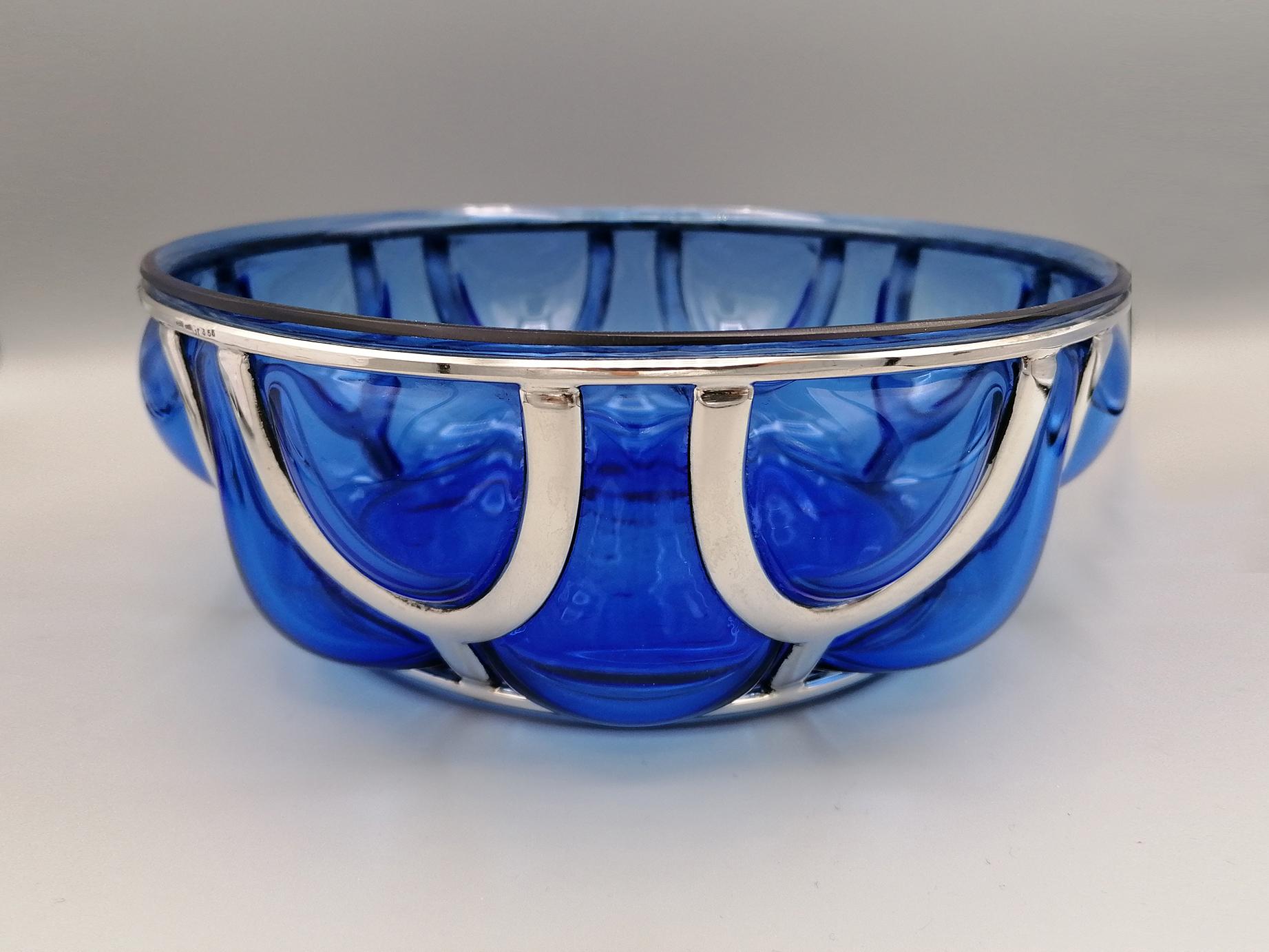 Late 20th Century 20th Century Italian Blu Murano Glass Bowl with Silver Cage