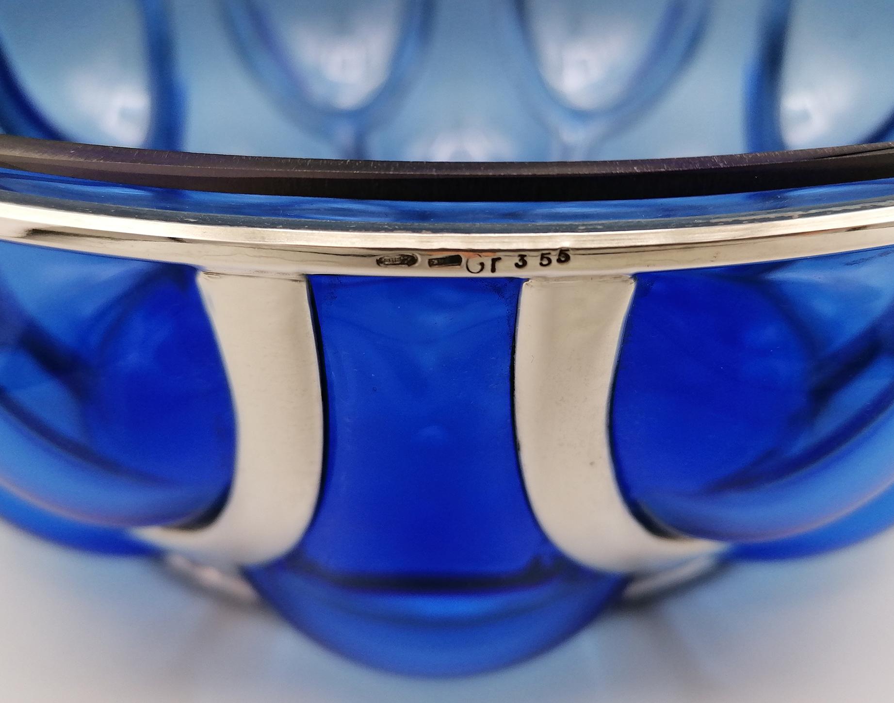20th Century Italian Blu Murano Glass Bowl with Silver Cage 1
