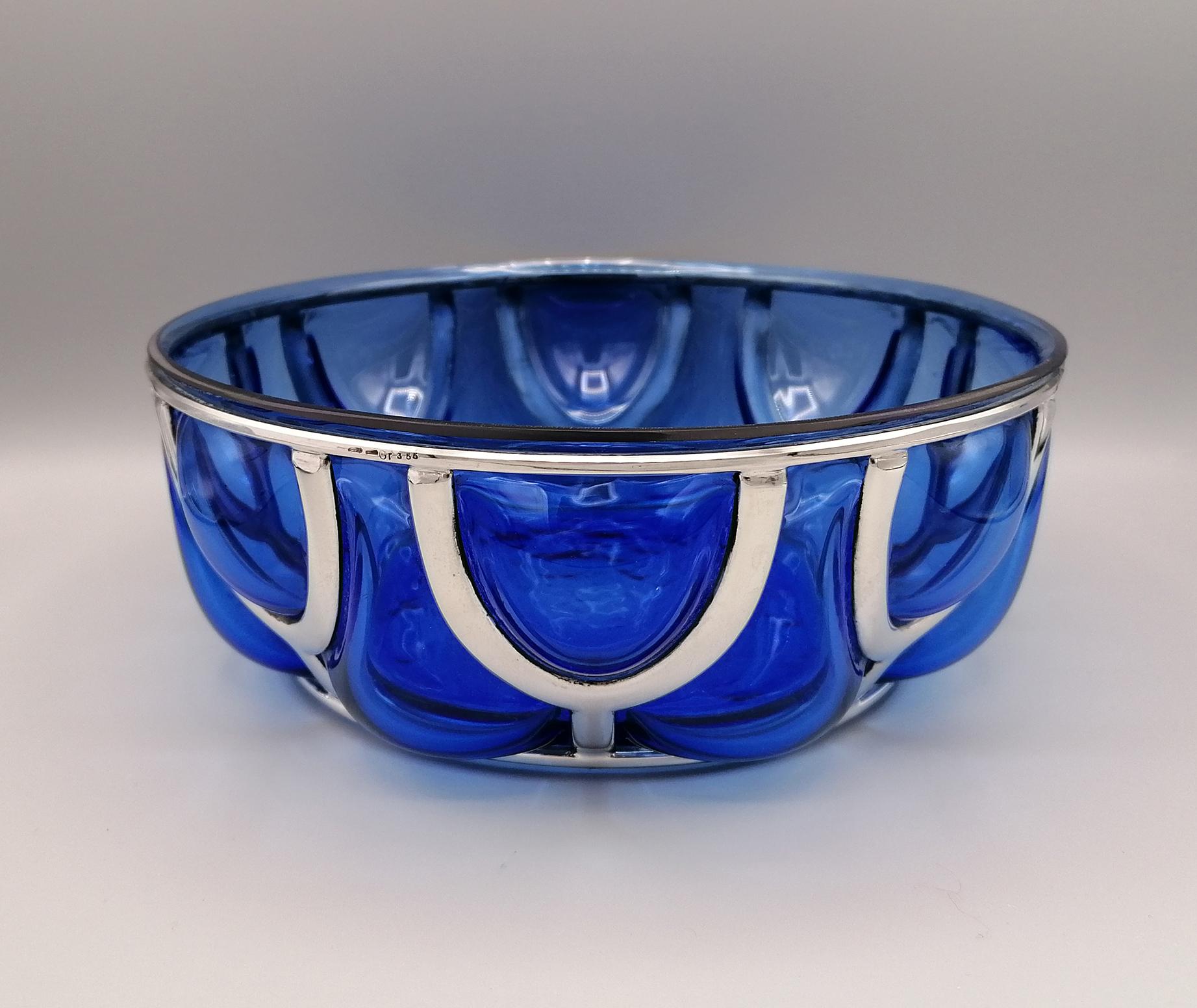 20th Century Italian Blu Murano Glass Bowl with Silver Cage 2