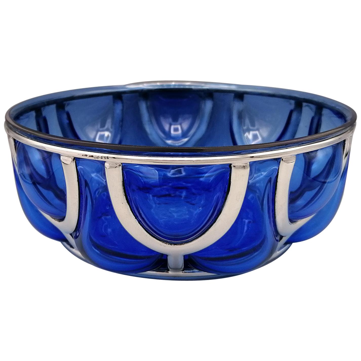 20th Century Italian Blu Murano Glass Bowl with Silver Cage
