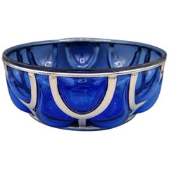 20th Century Italian Blu Murano Glass Bowl with Silver Cage