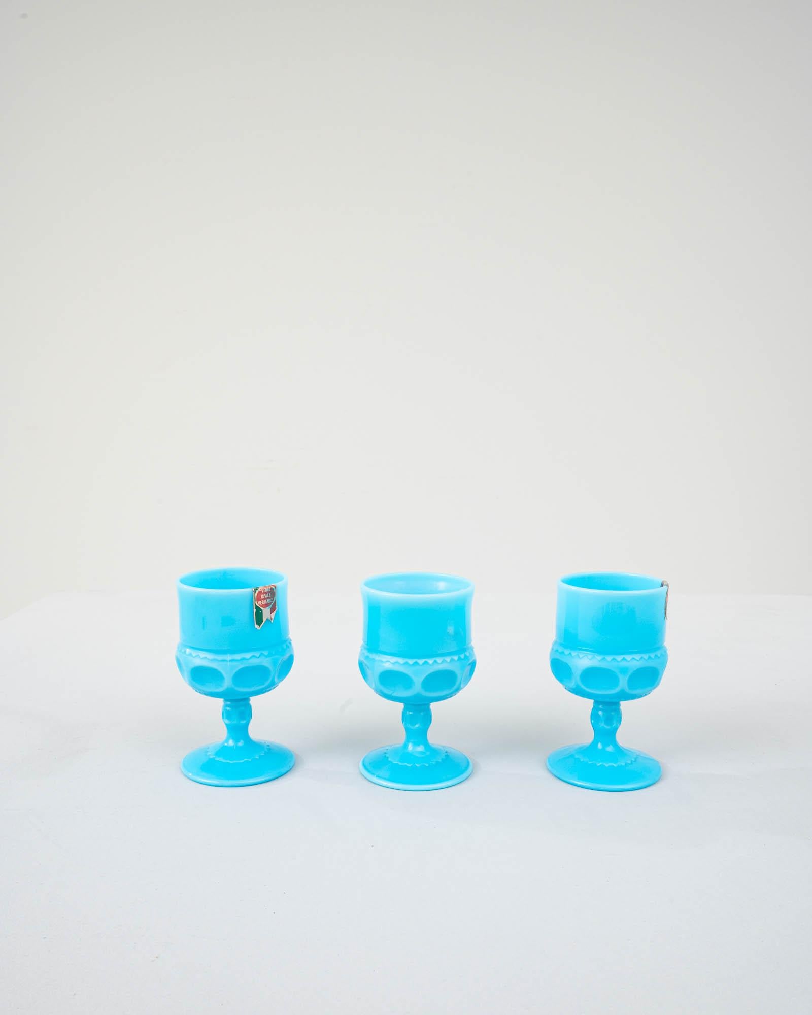 Opaline Glass 20th Century Italian Blue Glass Cup, Set of 3 For Sale
