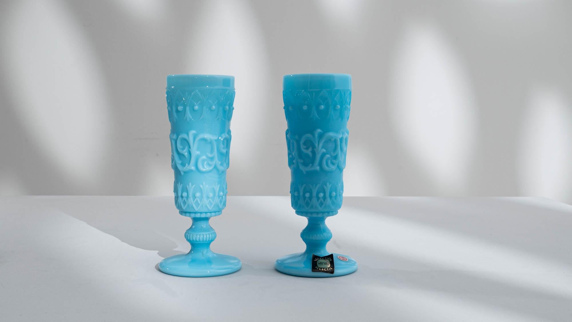 Opaline Glass 20th Century Italian Blue Glass Vase, Set of 2 For Sale