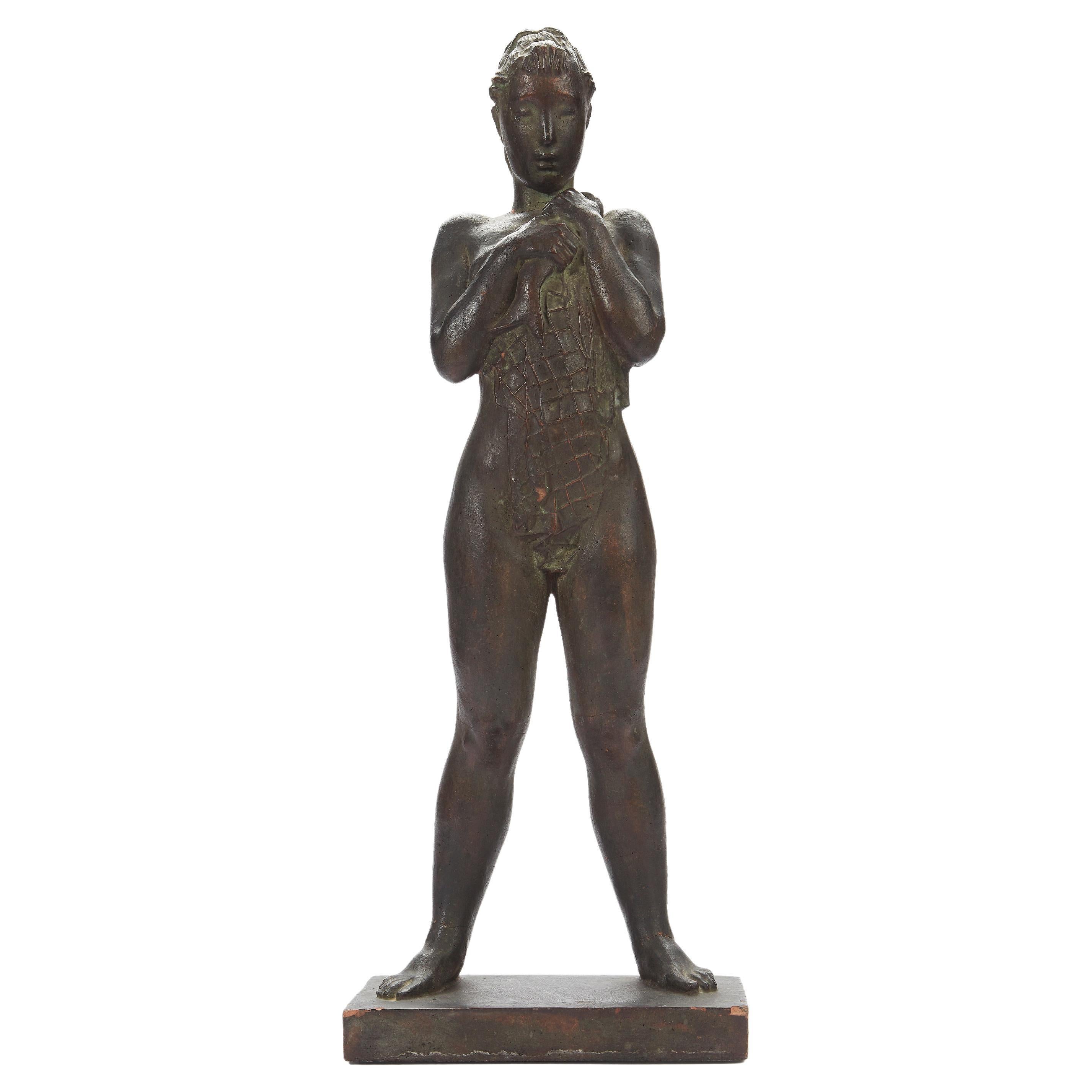 20th Century Italian naked girl figure with fish and net a bolognese terracotta sculpture with a dark bronze patina, dating back to 1940s by Enzo Pasqualini (Bologna, 1916-1998).

The Bolognese author was director of the Academy of Fine Arts in